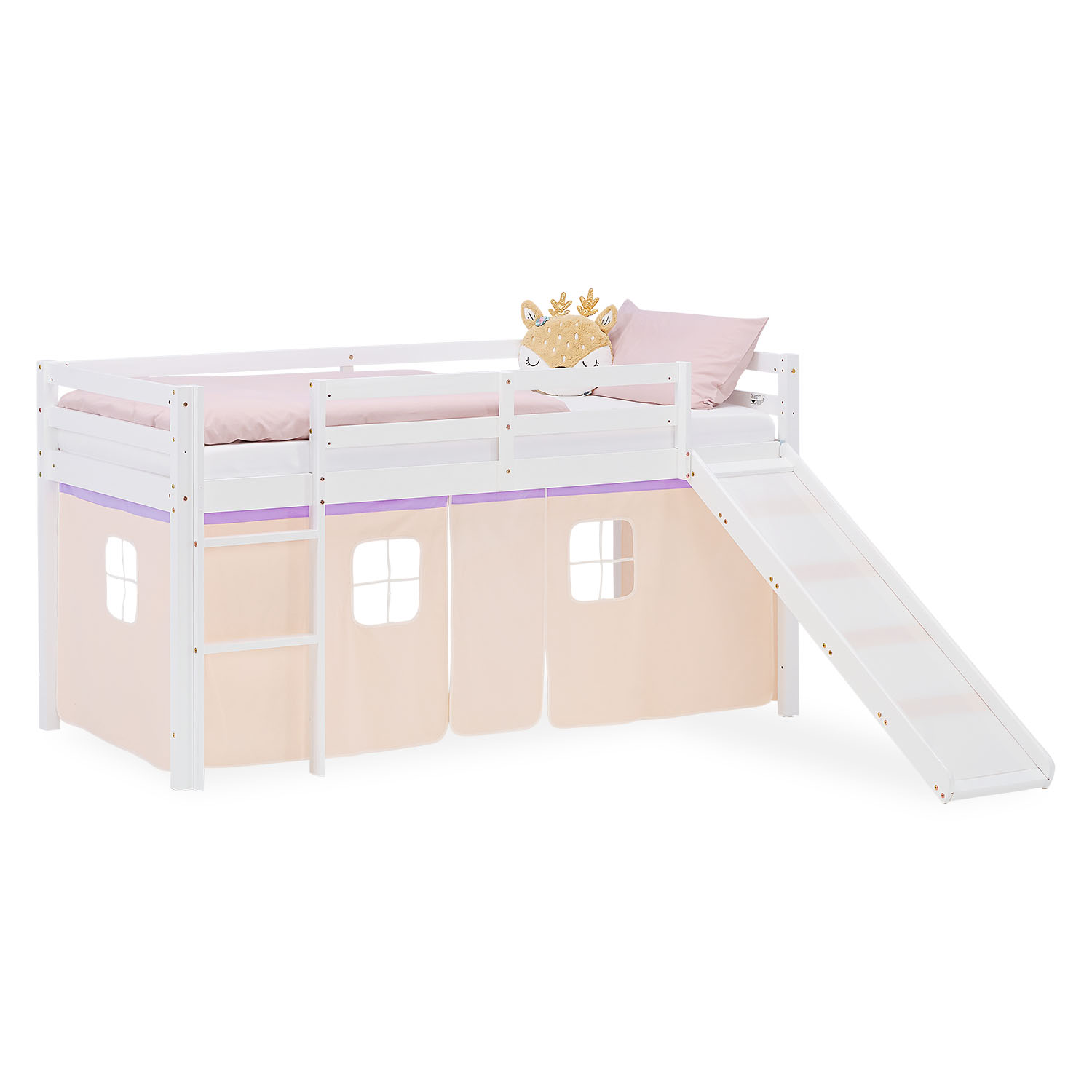 Hochbett Kinder 90x200 cm Kinderbett Kinderhochbett Stockbett Tunnel Vorhang Turm Lila Beige Rutsche Holz Massiv Lattenrost Matratze