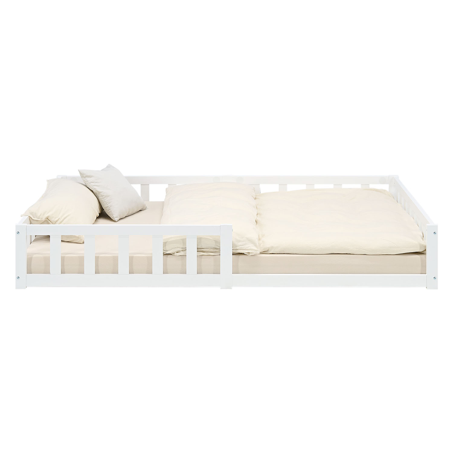 Montessori Crib 120x200 cm White with Safety Rail & Slatted Base – Solid Wood Crib