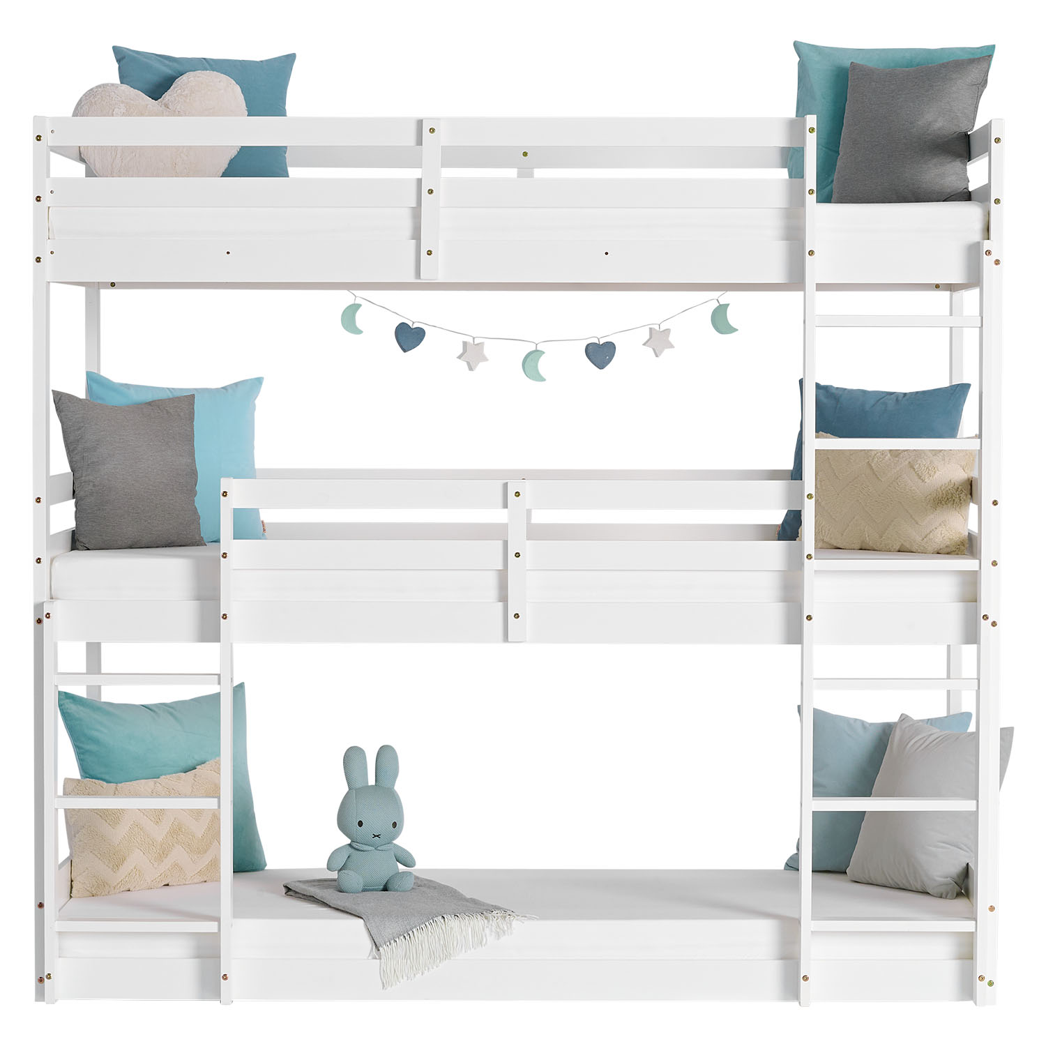 Triple Bunk Bed 90x200 with Mattresses Children´s Bed High Sleeper Cot White Wood Loft Bed Kids Bed
