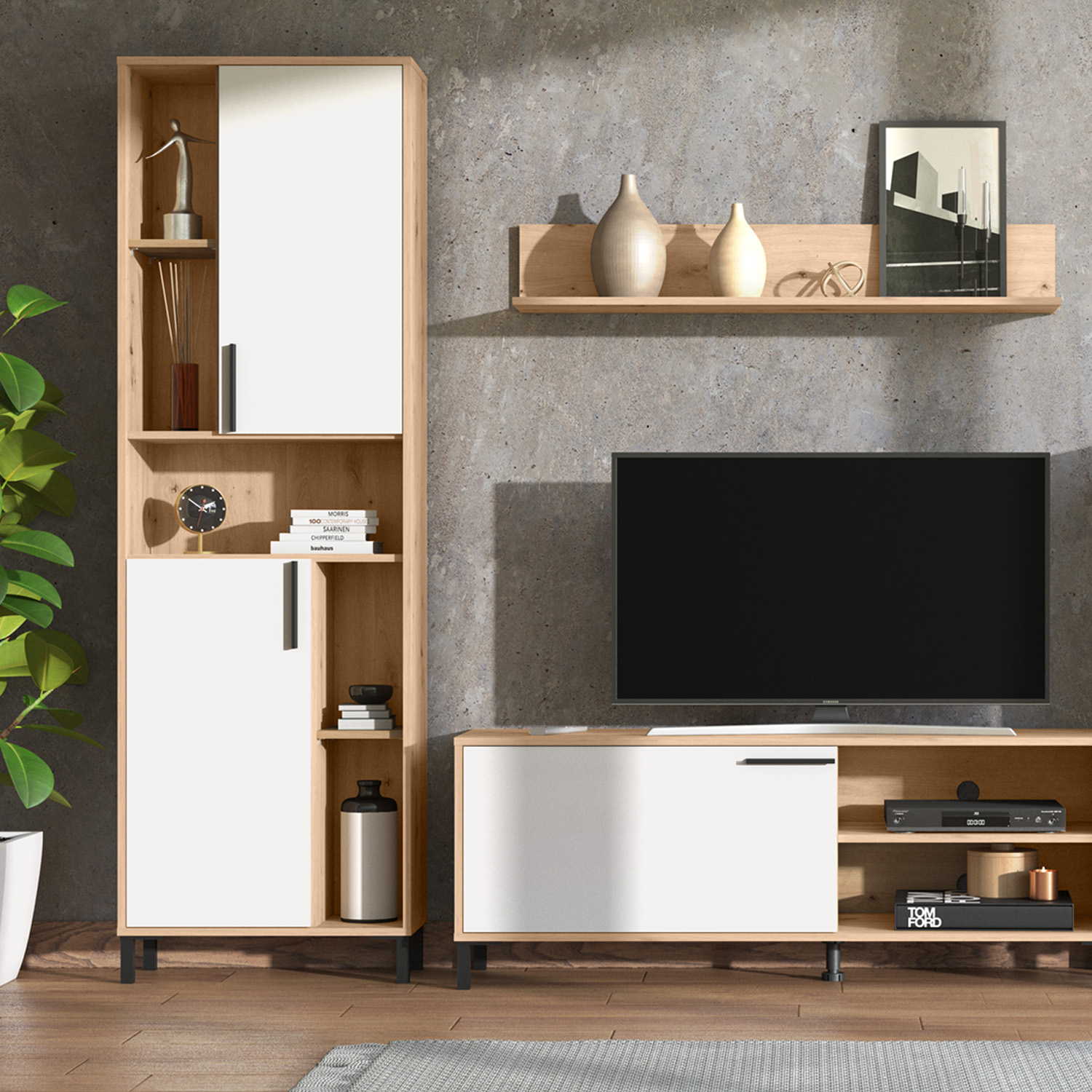 Modern living room unit 4 part cupboard set wall unit wood oak white TV set with storage entertainment center
