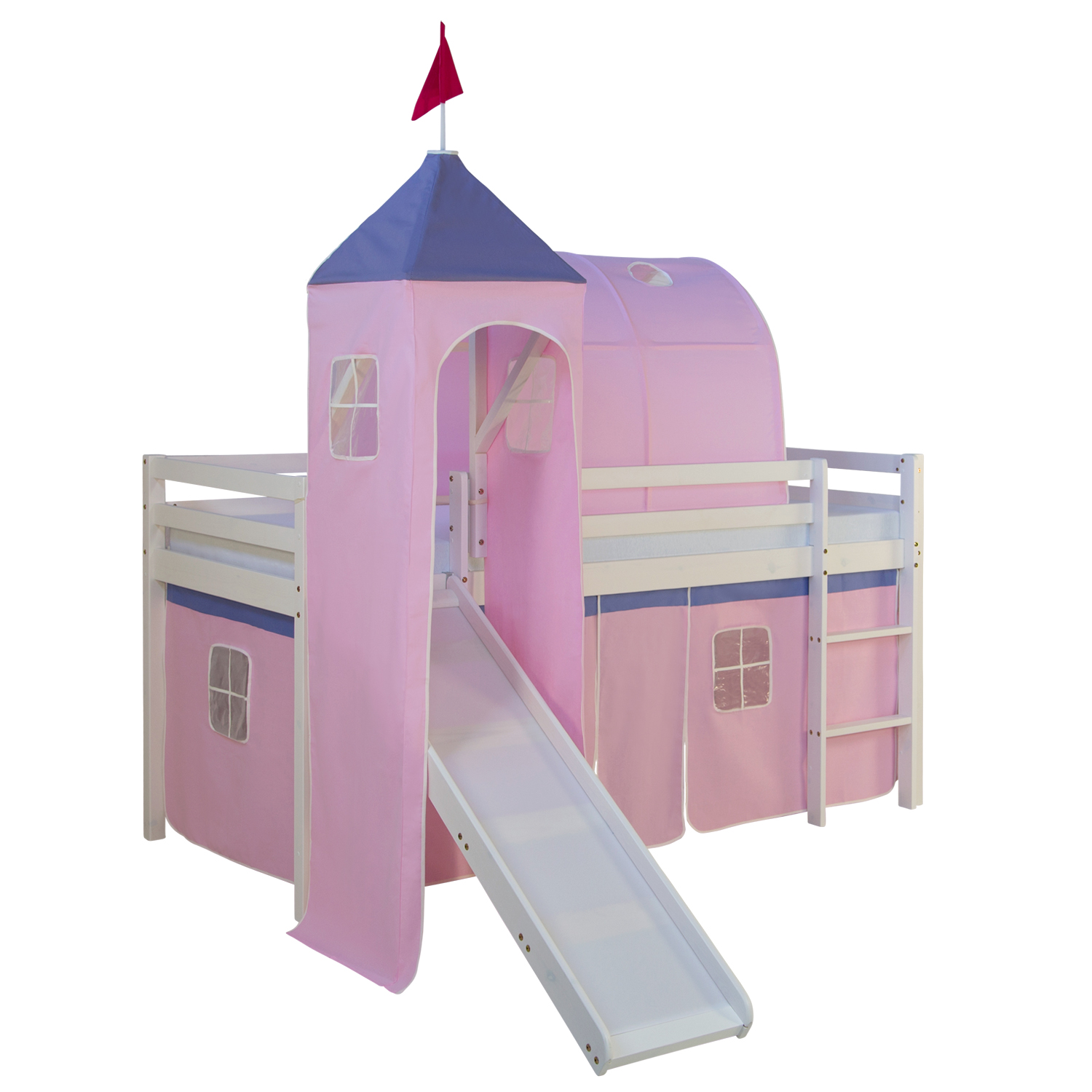 Hochbett mit Lattenrost 90x200 Turm Tunnel Rutsche Stockbett Kinderbett Holz Kiefer Vorhang rosa Spielbett