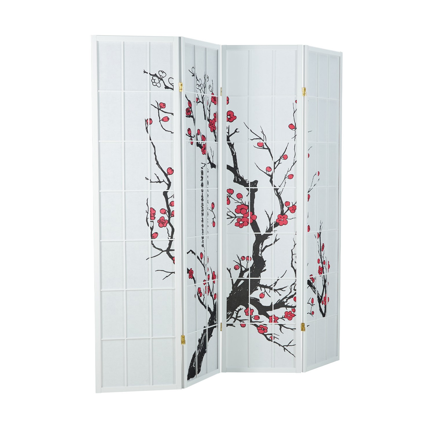 White Cherry-Patterned Screen | White Rice Paper | 4-Panel | Wood | Room Divider, Partition, Privacy Screen