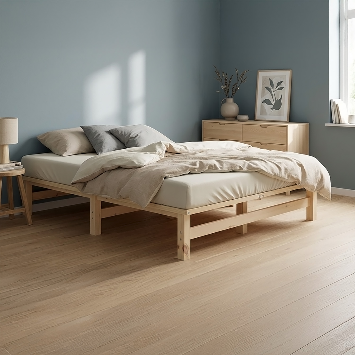 120x200 cm Natural Pallet Bed – Wooden Double Bed with Mattress & Slatted Base for Teen Rooms, Guest Rooms, and Bedrooms