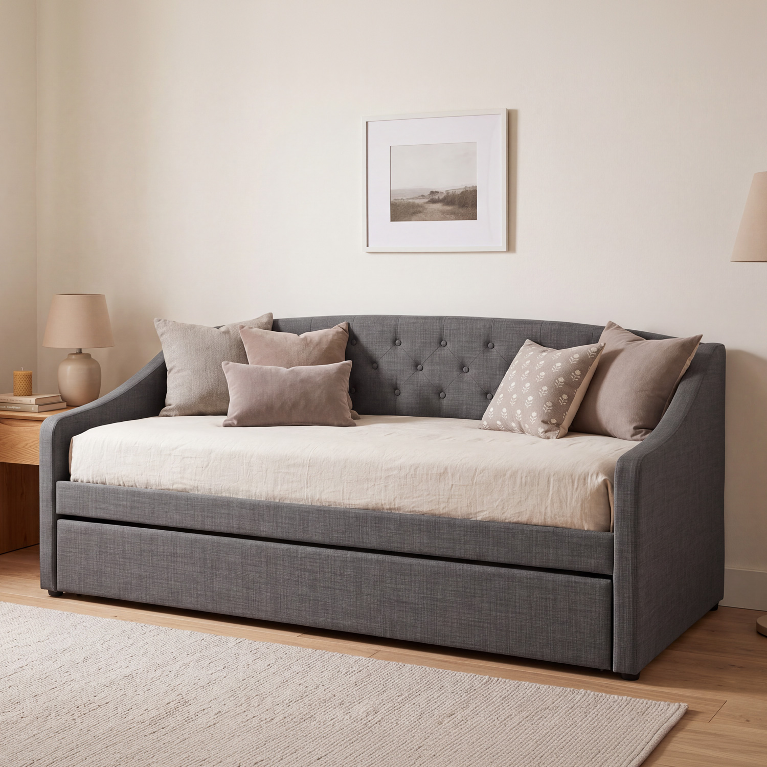 Upholstered Bed 90x200 cm Gray with Storage – Daybed & Pull-Out Guest Bed