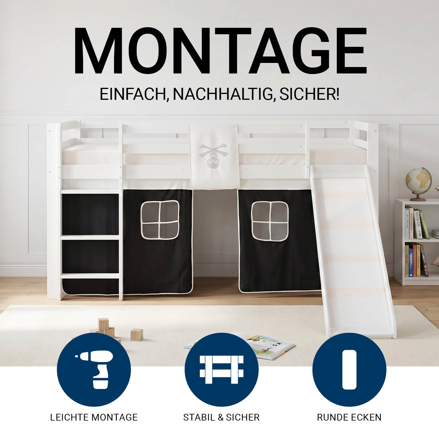 Children's loft bed, 90x200 cm, white with black curtain | Slide | Includes slatted base