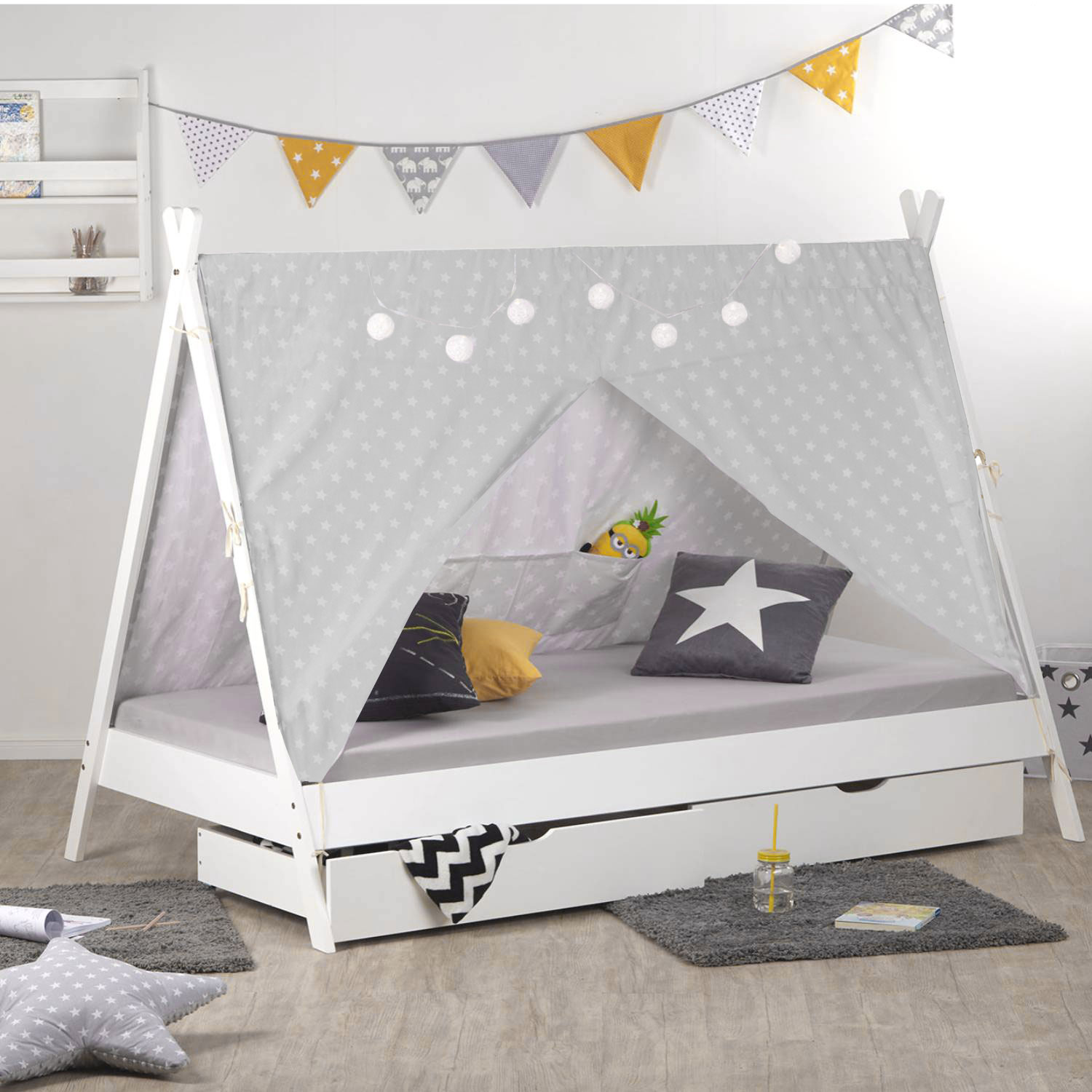 Children's Bed with Mattress TIPI 90x200 Youth Bed White Grey Wooden Bed Kids Room Fabric Bed Drawer