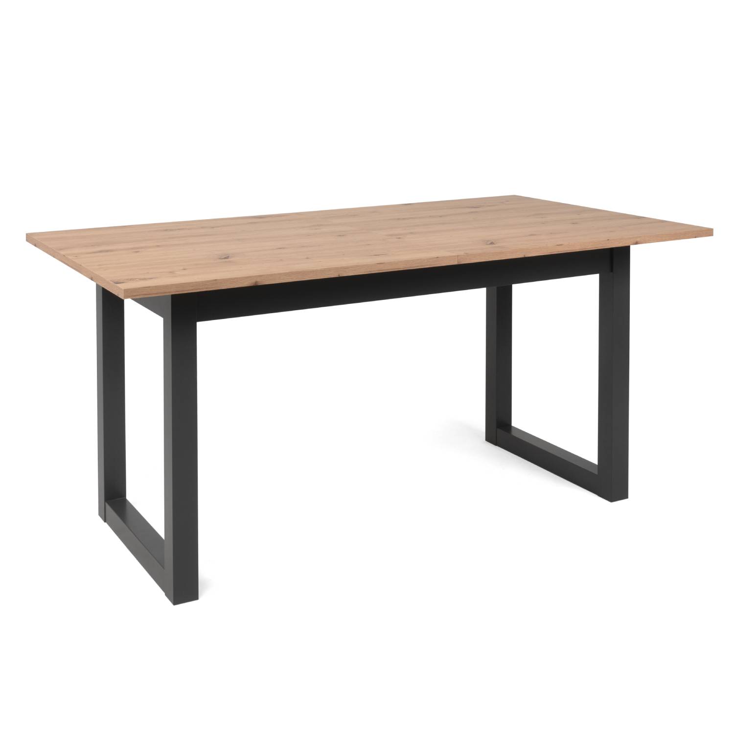 Esstisch mit Holzelementen, Ausziehfunktion und Gestaltung im Industrial-Stil. Der Artikel ist freigestellt auf weißem Hintergrund abgebildet. Sichtbare Details sind eine rechteckige Tischplatte, gerade Standbeine und ein schwarzes Metallgestell.