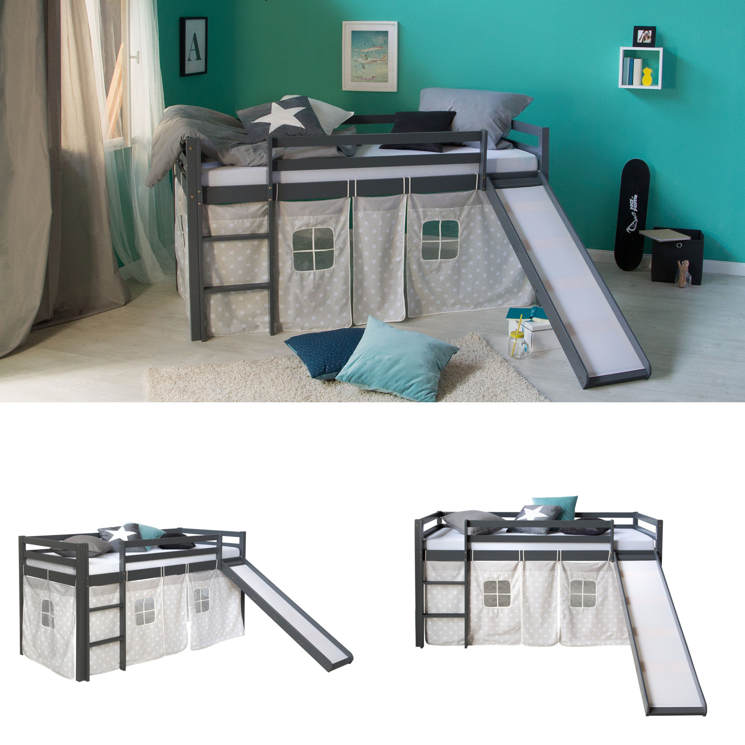 Loft Bed Kids 90x200 cm Gray with Curtain Stars | Slide | without Slatted Frame
