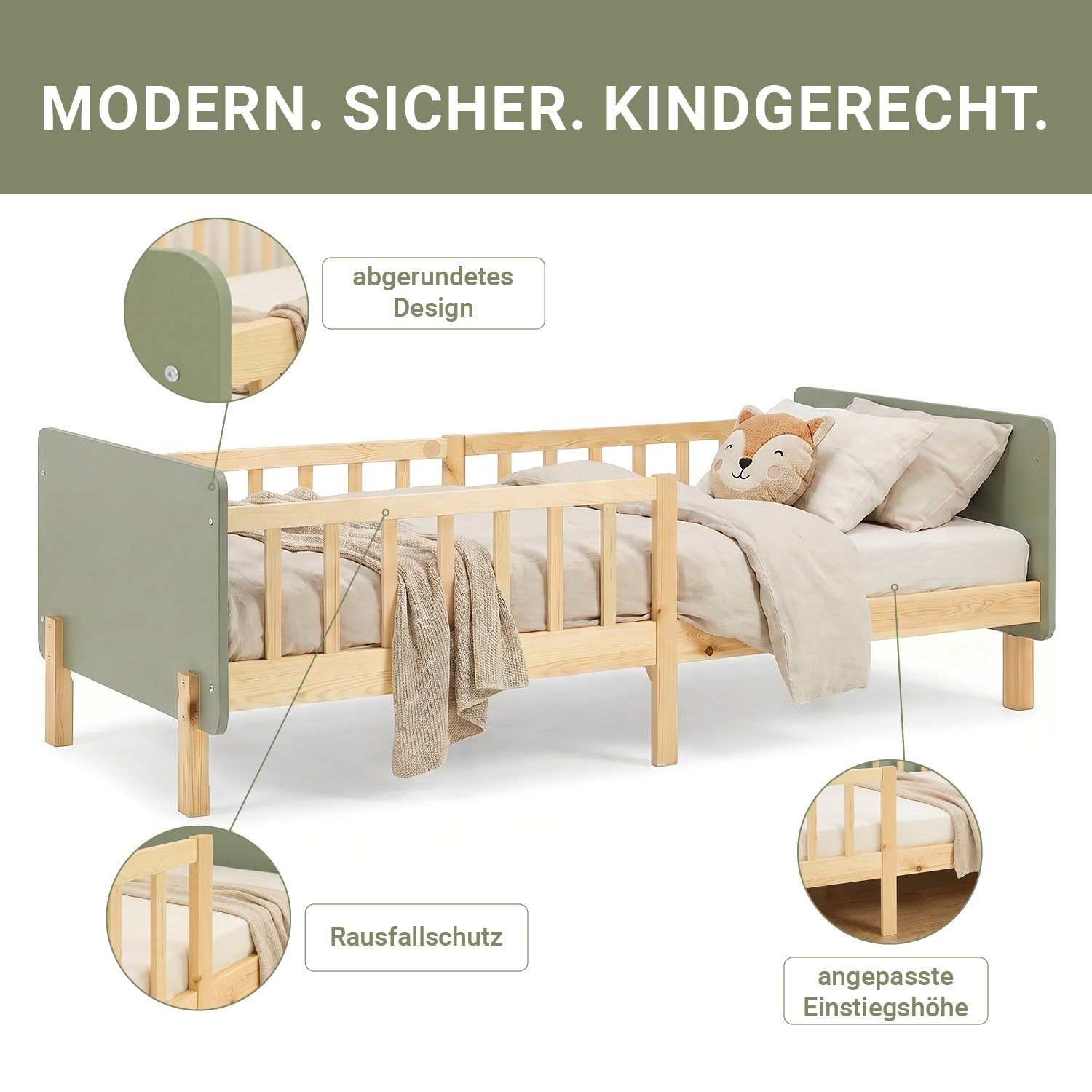 Single bed 90x200 cm Green with Mattress Wooden Bed frame Toddler bed with safety rail Kids bed Childrens bed Slatted frame