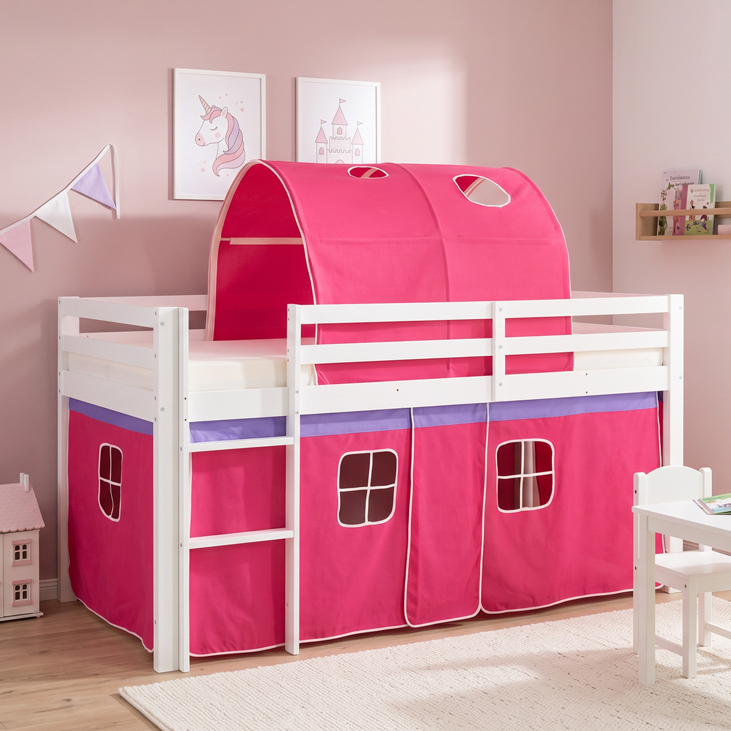 Loftbed 90x200 cm with Mattress Bunk bed Childrens bed Solid Pine Wood Slats Tunnel Curtain Pink