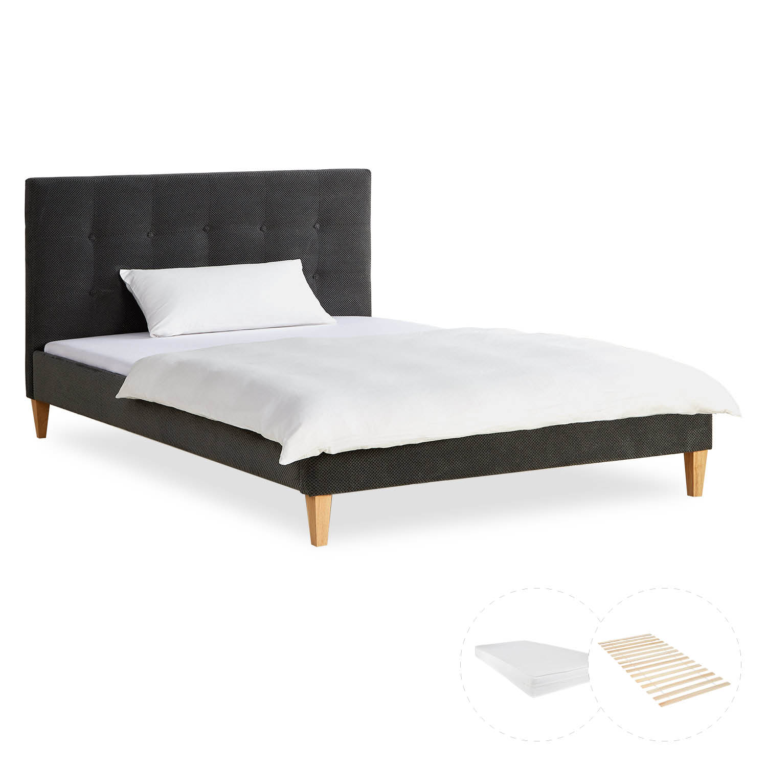 Upholstered bed 140x200 cm grey anthracite velvet | with slatted frame | with mattress | double fabric bed frame