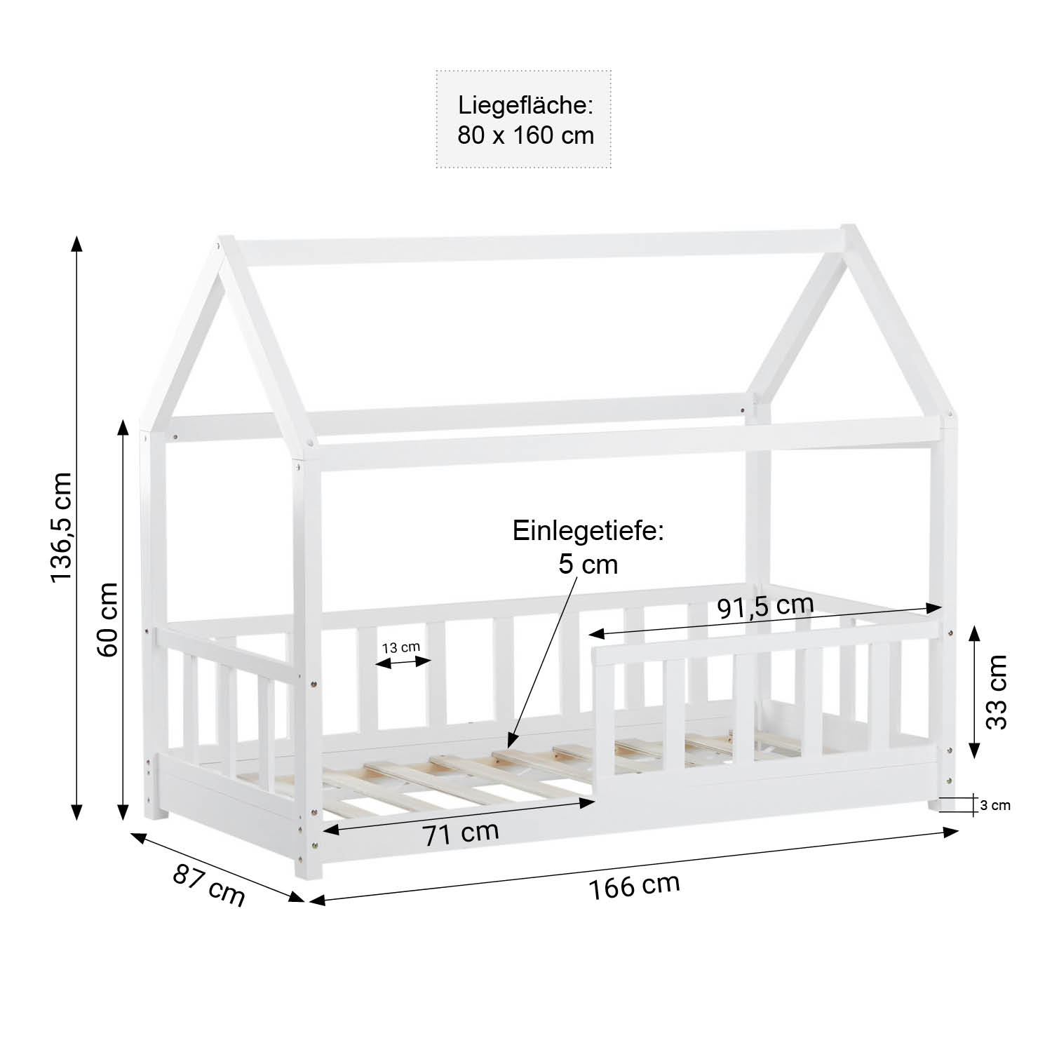 Children's Bed 80x160 cm with Mattress House Bed with Barriers Childrens Single Bed Montessori Bed Treehouse Bed
