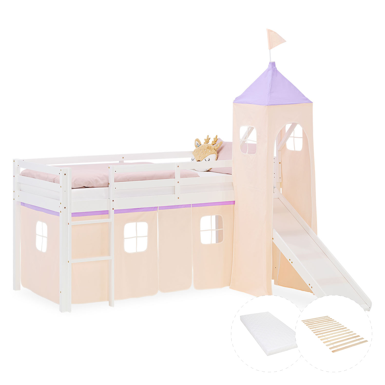 Kinderhochbett in Lila mit Elementen aus Kiefernholz, Lattenrost, Matratze, Rutsche, Spielturm und Spielvorhang. Das weiße Hochbett ist mit Matratze und Kissen vor weißem Hintergrund abgebildet. Sichtbar sind eine Leiter, seitliche Schutzgitter, ein Spiel