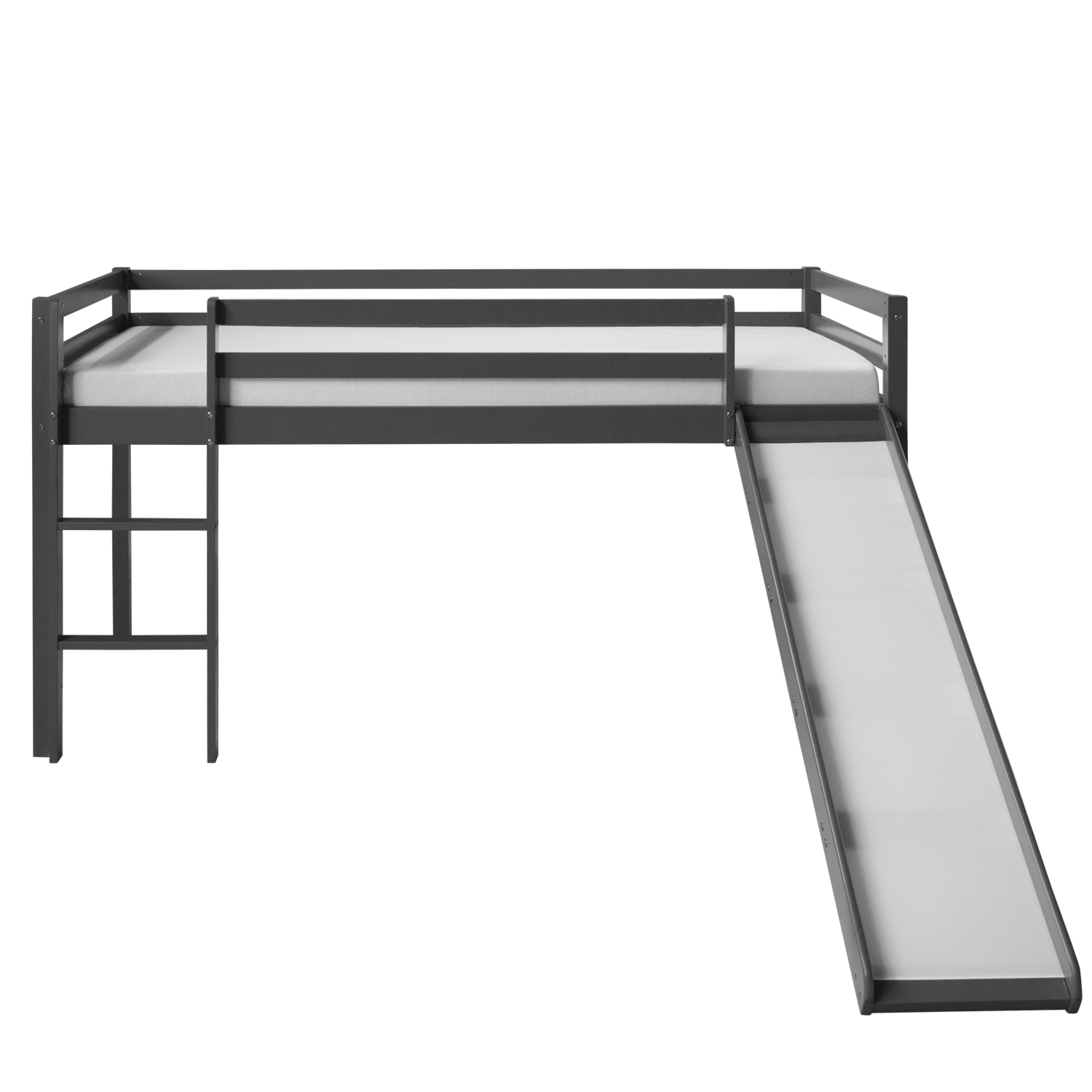 Kinderhochbett in Grau mit Lattenrost, Matratze und Rutsche. Die zweite freie Produktansicht zeigt das graue Kinderbett frontal mit seitlicher Leiter und Rutsche. Die Liegefläche ist leer; Geländer und offene Fläche unter dem Bett sind sichtbar.