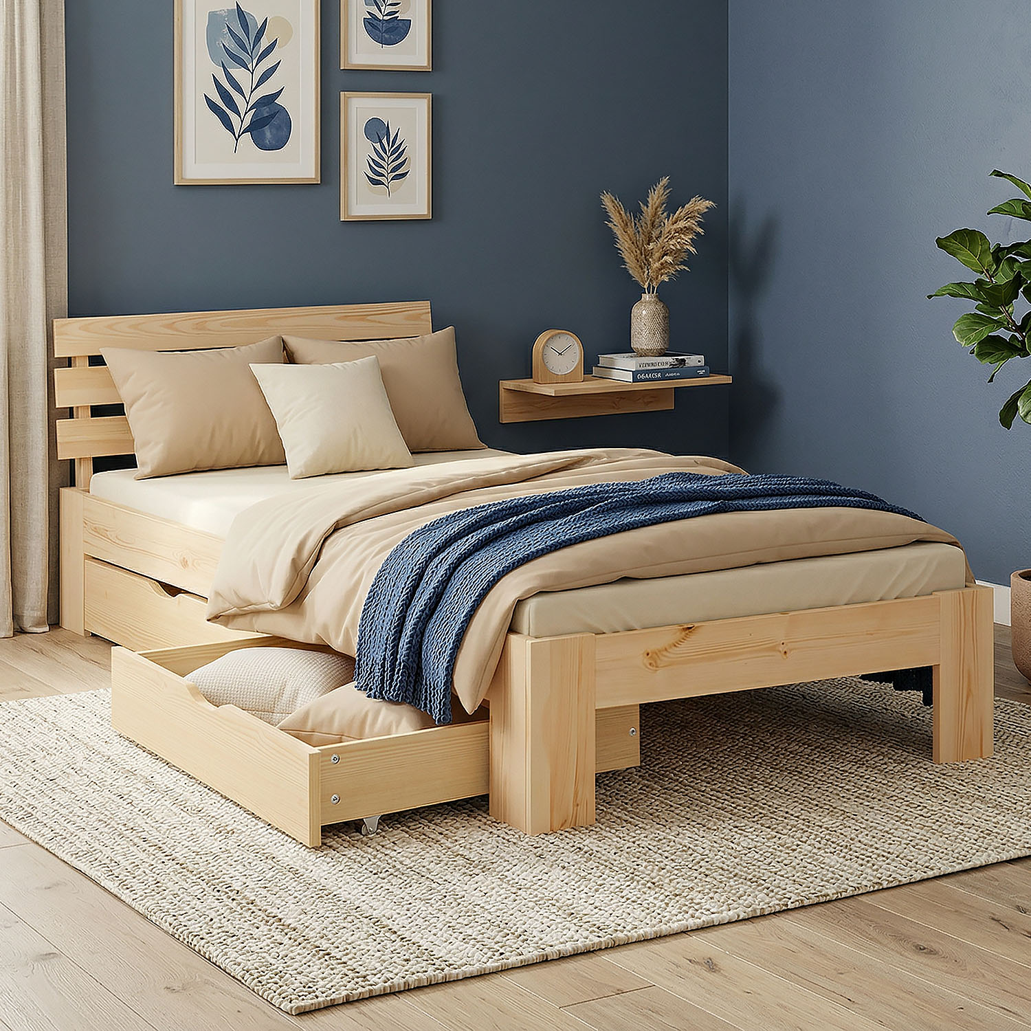 Wood Bed 90x200 cm Natural | Single Bed | with Spring Mattress | 2 Drawers | Youth Guest Bedroom