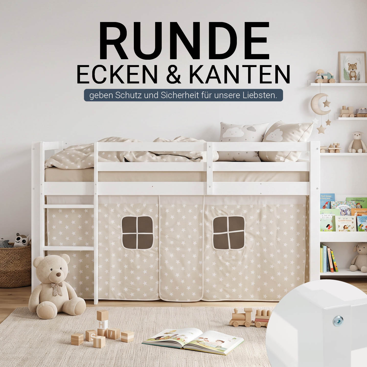Children's Loft Bed 90x200 cm White with Star Curtain | Includes Slatted Base