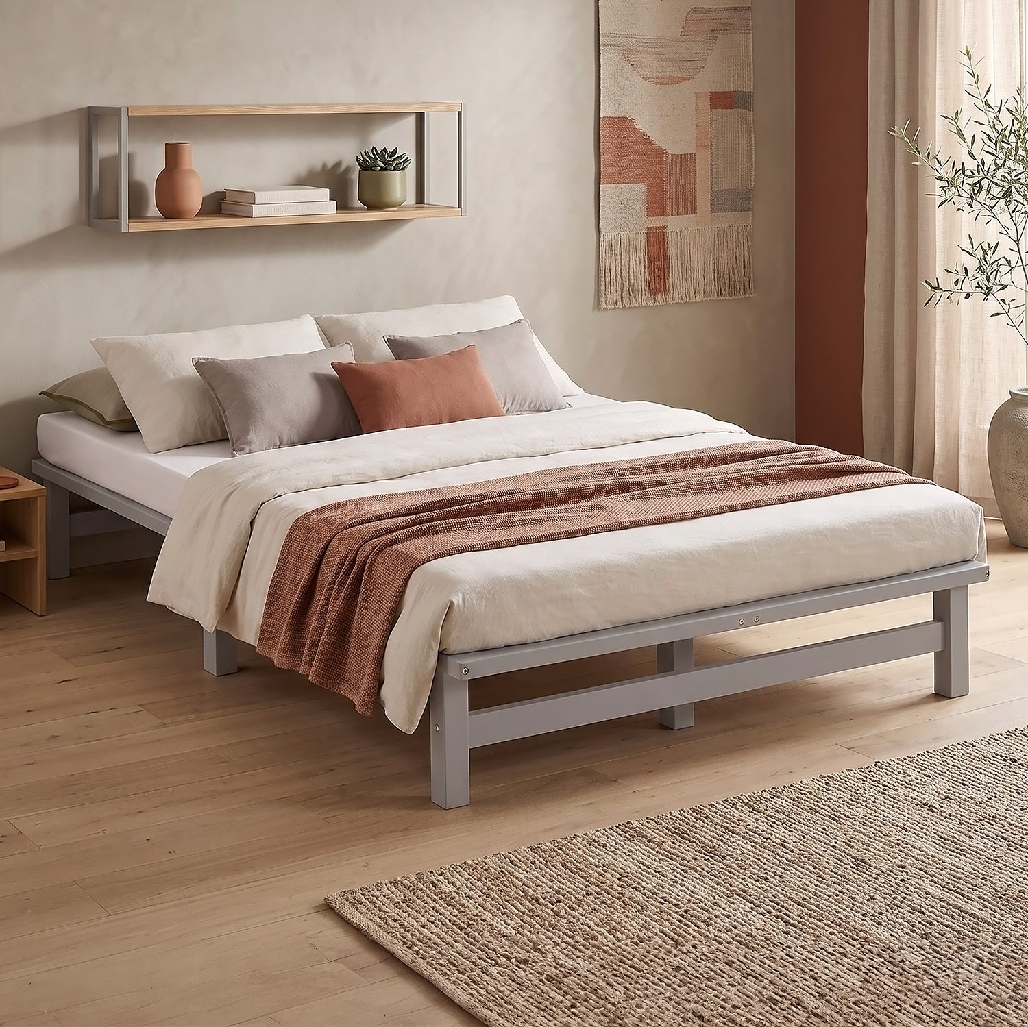 120x200 cm Grey Pallet Bed – Wooden Double Bed with Mattress & Slatted Base for Teen Rooms, Guest Rooms, and Bedrooms