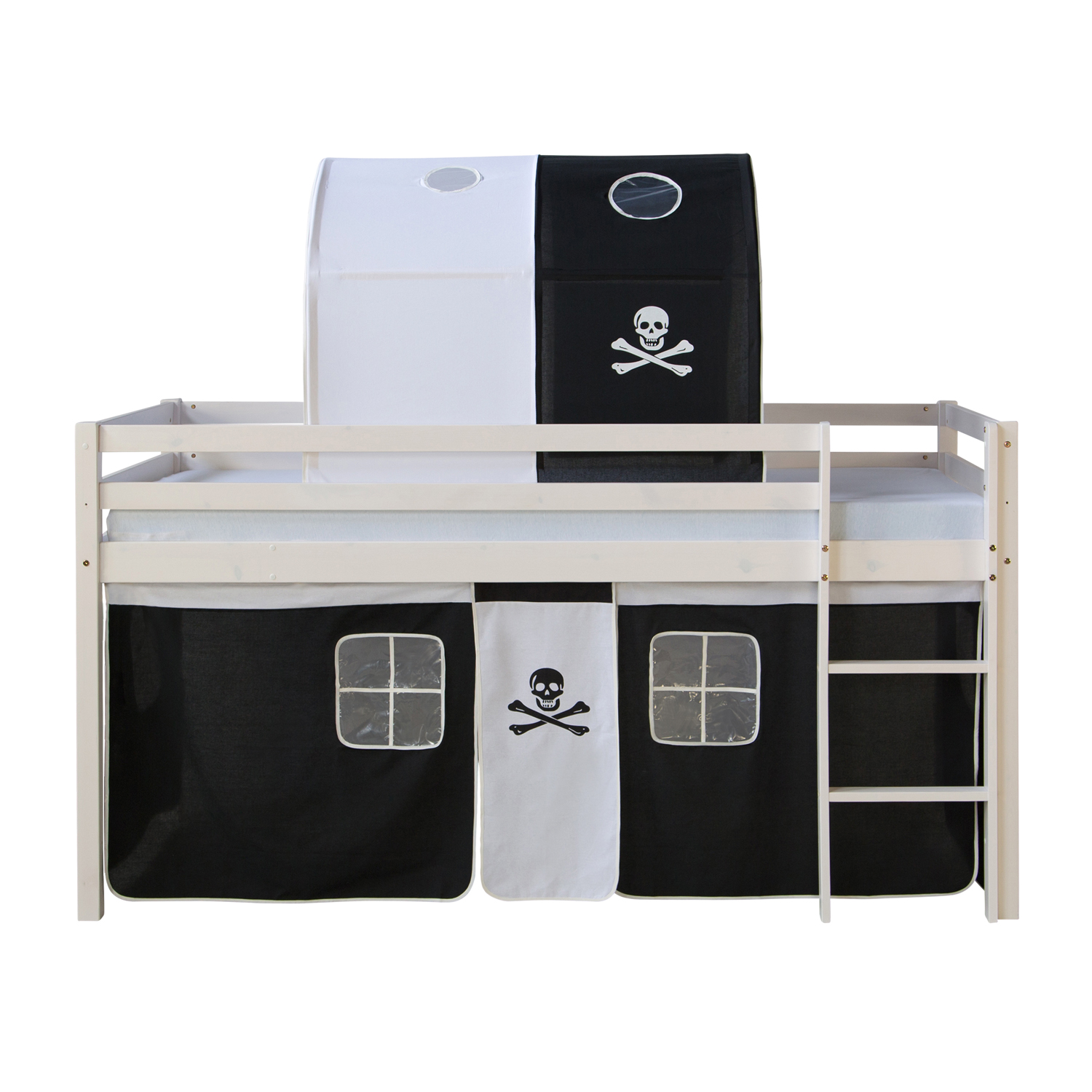 Loft Bed Kids 90x200 cm White with Curtain in Black | Tunnel | without Slatted Frame Loft Bed Kids 90x200 cm White with Curtain in Black | Tunnel | without Slatted Frame