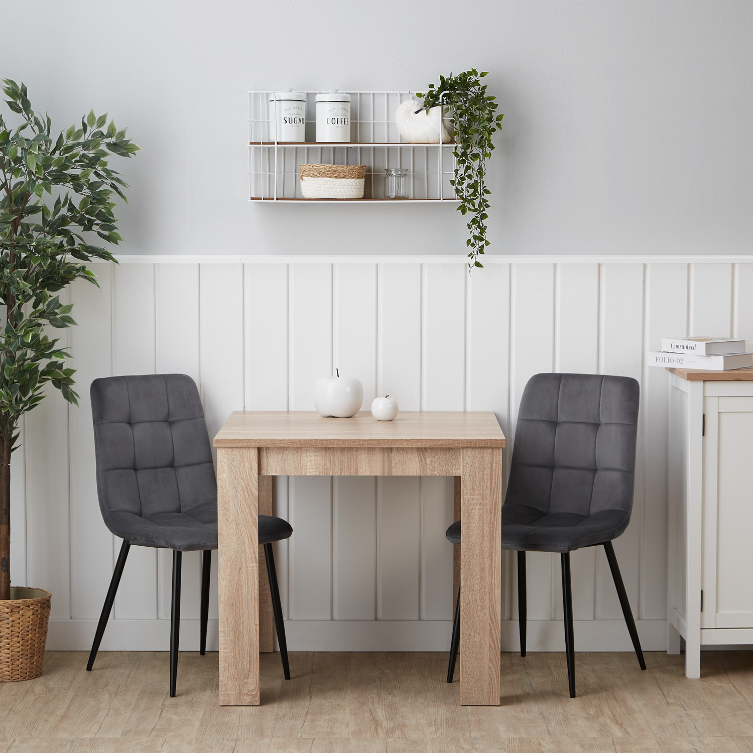 Modern Dining Table Sonoma Oak 80x80 cm with 2 Grey Velvet Chairs Dining Room Table Natural Wooden Table