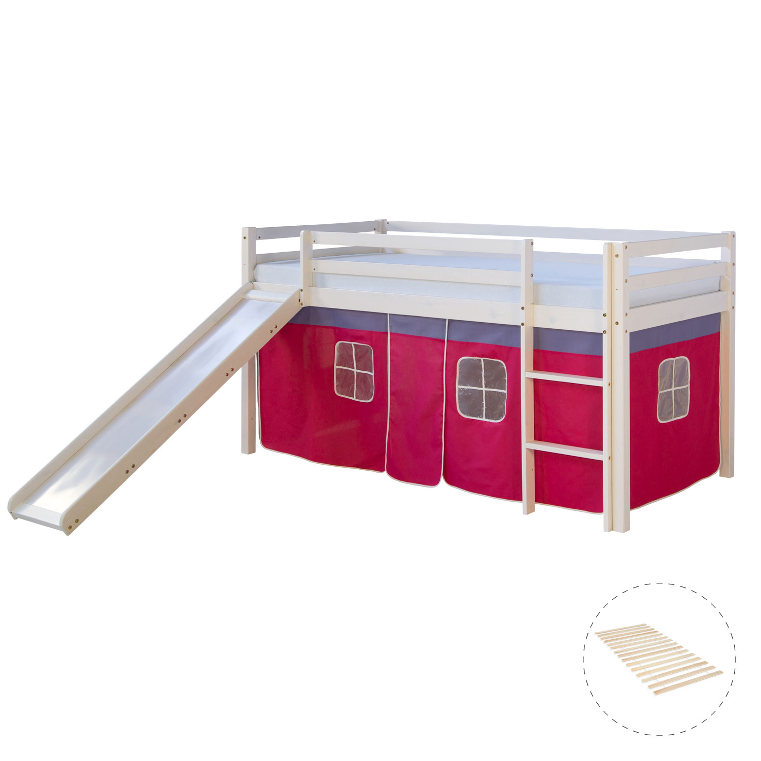 Hochbett mit Lattenrost 90x200 Rutsche Stockbett Kinderbett Holz Kiefer Vorhang pink Spielbett