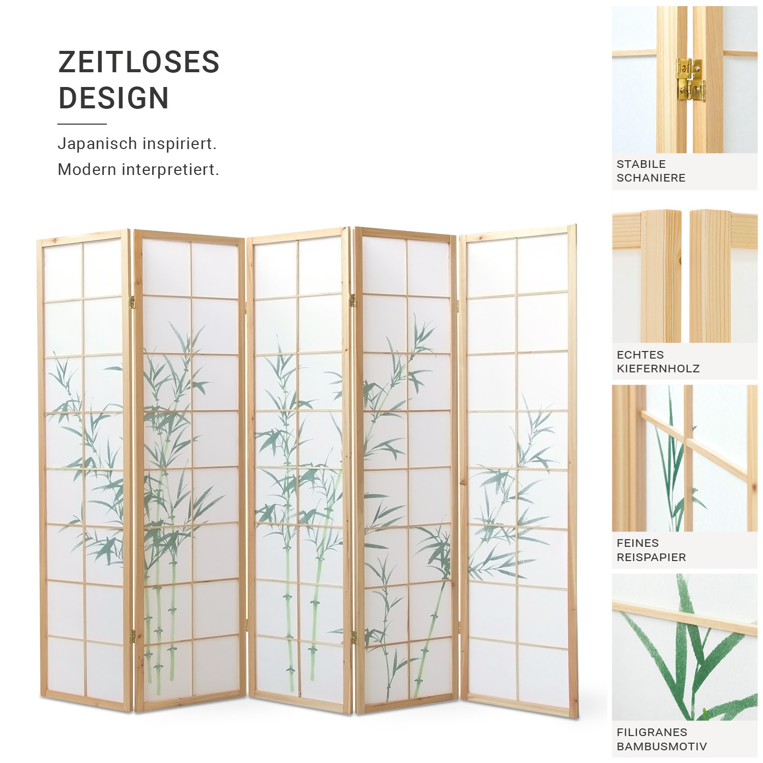 5-panel "Nature" folding screen with bamboo motif – Japanese room divider & privacy screen