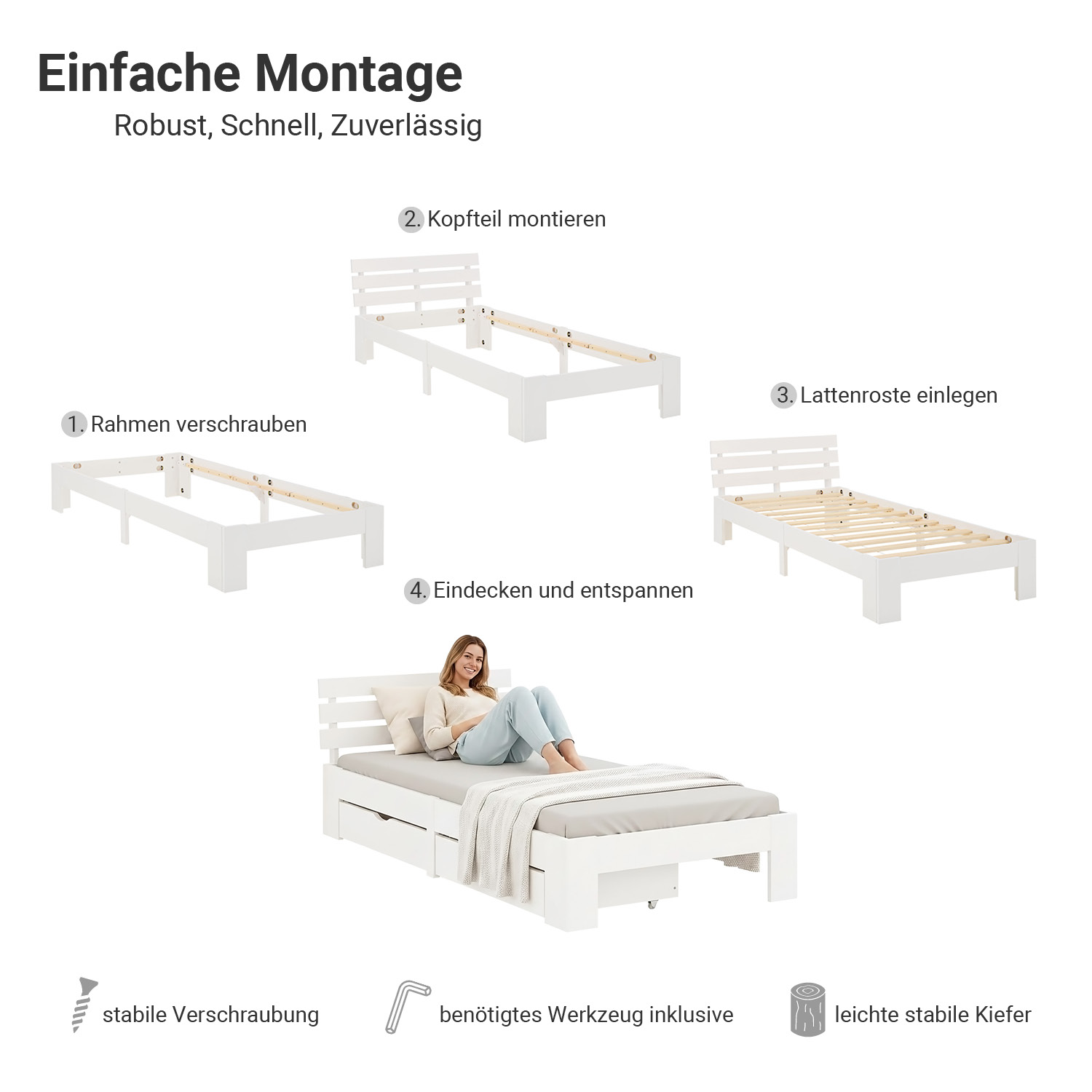 Wood Bed 90x200 cm White | Single Bed | with Spring Mattress | 2 Drawers | Youth Guest Bedroom