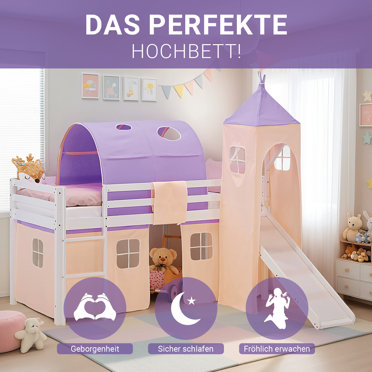 Loft Bed for Kids 90x200 cm White with Curtain in Lilac Beige | Slide | Tower | Tunnel | with Slatted Frame and Mattress