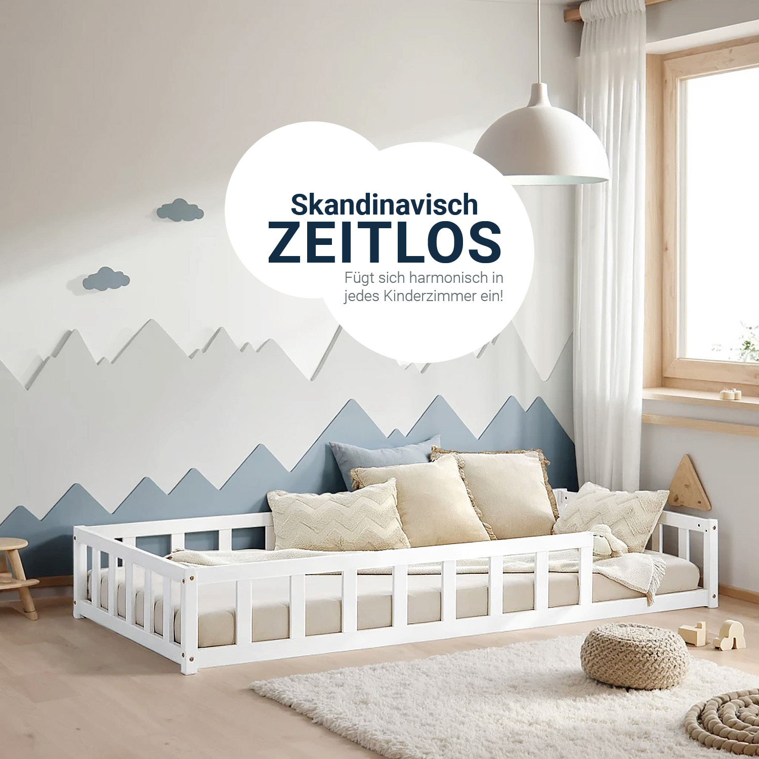 Children's Bed 90x200 White | Floor Bed with Mattress & Slatted Frame | with Fall Protection | Montessori