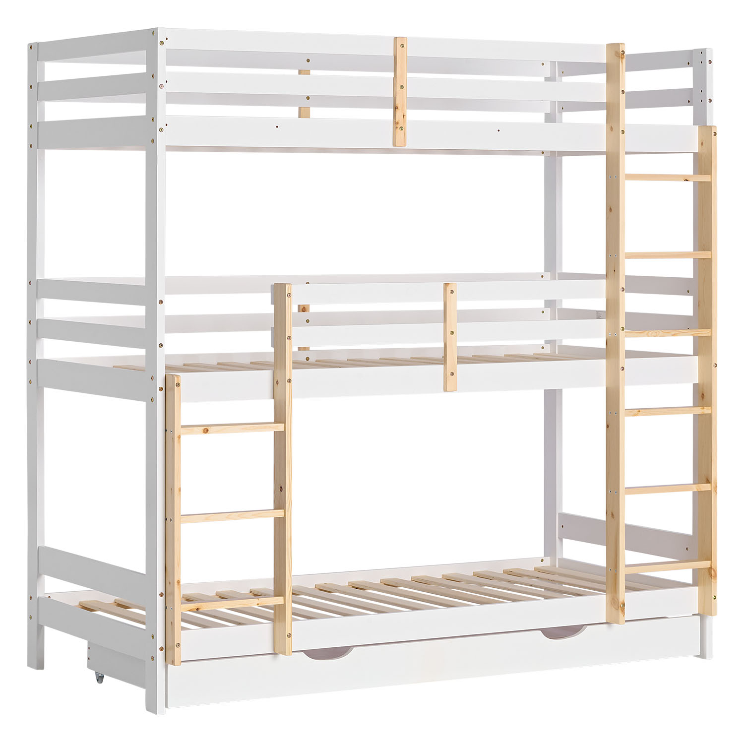 Bunk Bed 3 Levels 90x200 cm White | Ladders Natural | with Bed Drawer | with Slatted Frame