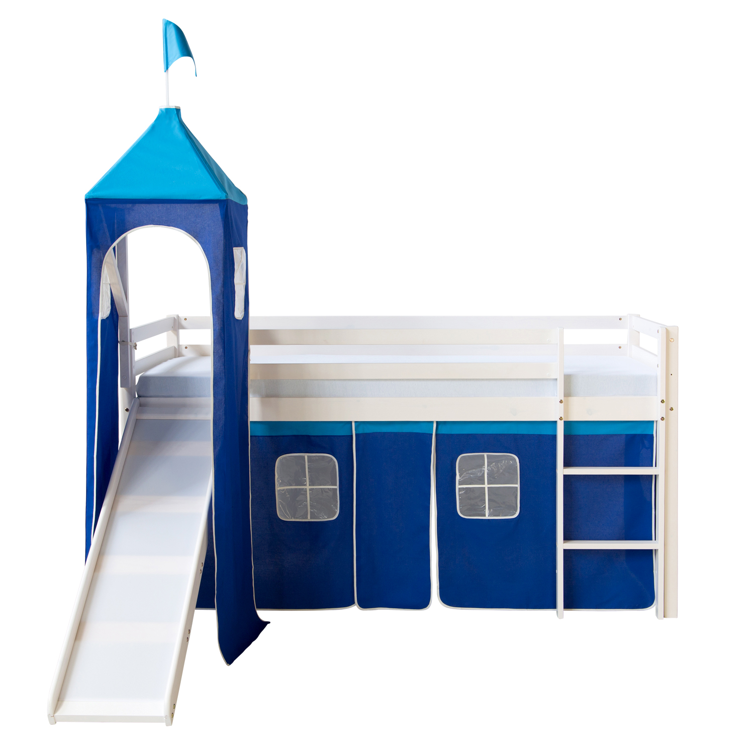 Loftbed 90x200 cm with Tower Slide Mattress Bunk bed Childrens bed Solid Pine Wood Slats Curtain Blue