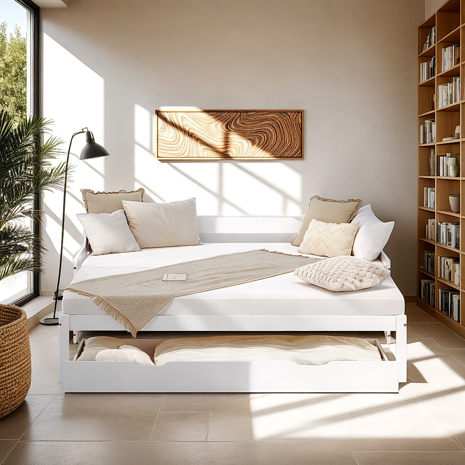 Guest bed Wooden bed 90x200 cm White Storage space Daybed Pull-out bed Youth bed Pull-out bed Bed with bed box Mattress
