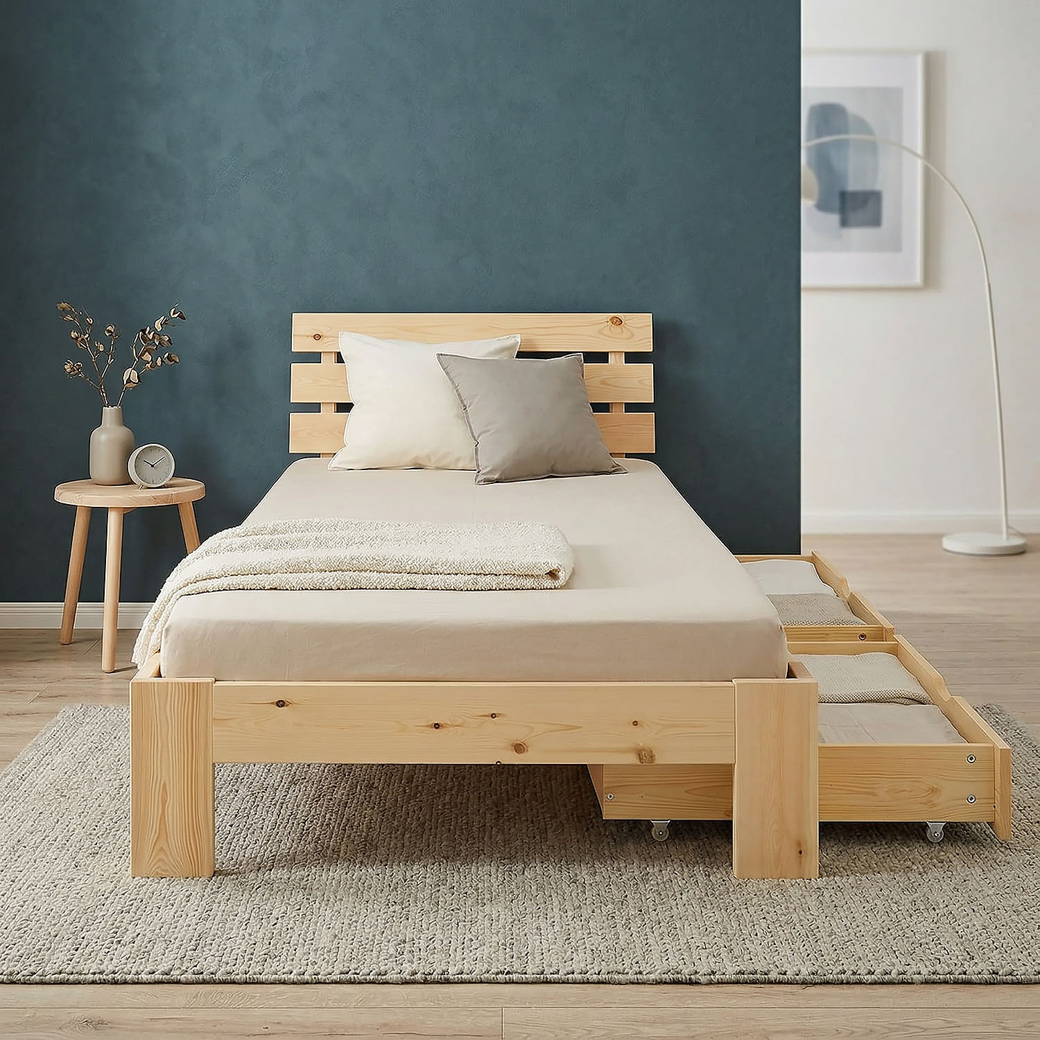 Wooden Bed 90x200 cm, Natural | Single Bed with 2 Underbed Drawers | Incl. Slatted Base | Solid Wood | Child, Teen & Guest Bedroom