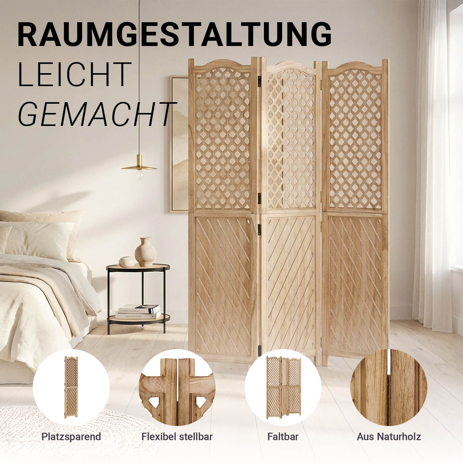 Paravent Natural Various Patterns | 3-panel | Wood | Room Divider Partition Privacy Screen