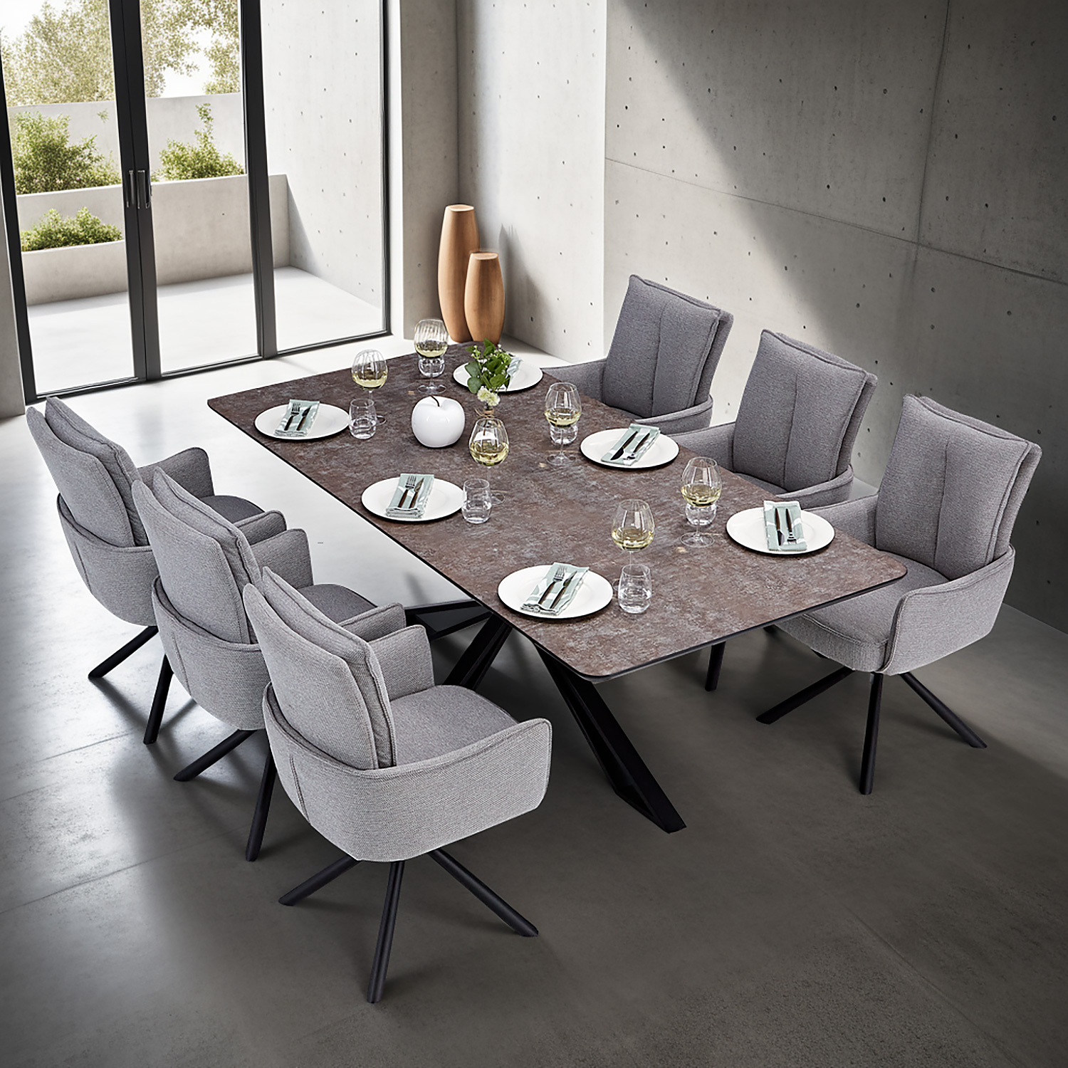 Dining set | 6-piece set upholstered chairs grey with armrest | swivel | dining table brown metal frame 200 x 100 cm