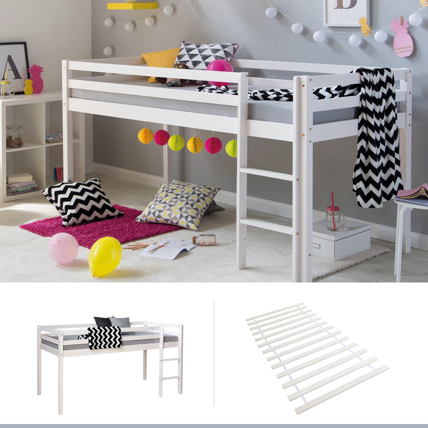 Loft Bed with Slatted Frame Ladder 90x200 cm White Solid Pine Play Bed Children's Bed Bunk Bed