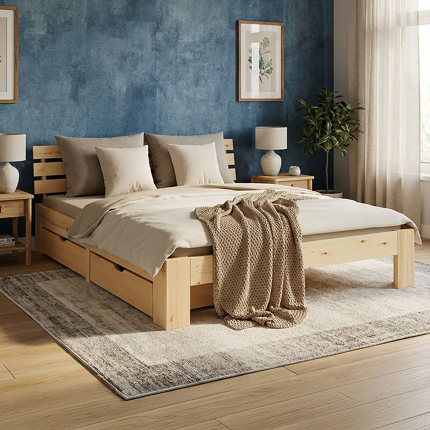 Wood Bed 90x200 cm Natural | Small Double Bed | with Mattress | 2 Drawers | Kids Youth Guest Bedroom