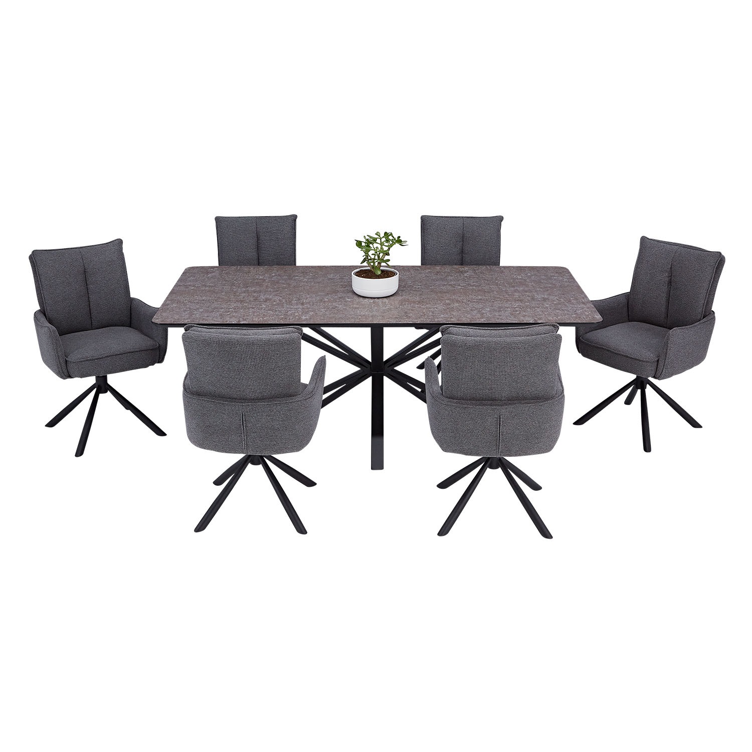 Dining set | 6-piece set upholstered chairs anthracite with armrest | swivel | dining table brown metal frame 200 x 100 cm