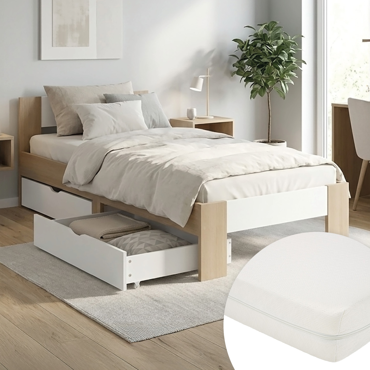 Wood Bed 90x200 cm Brown Oak White | Single Bed | with Mattress | 2 Drawers | Kids Youth Guest Bedroom