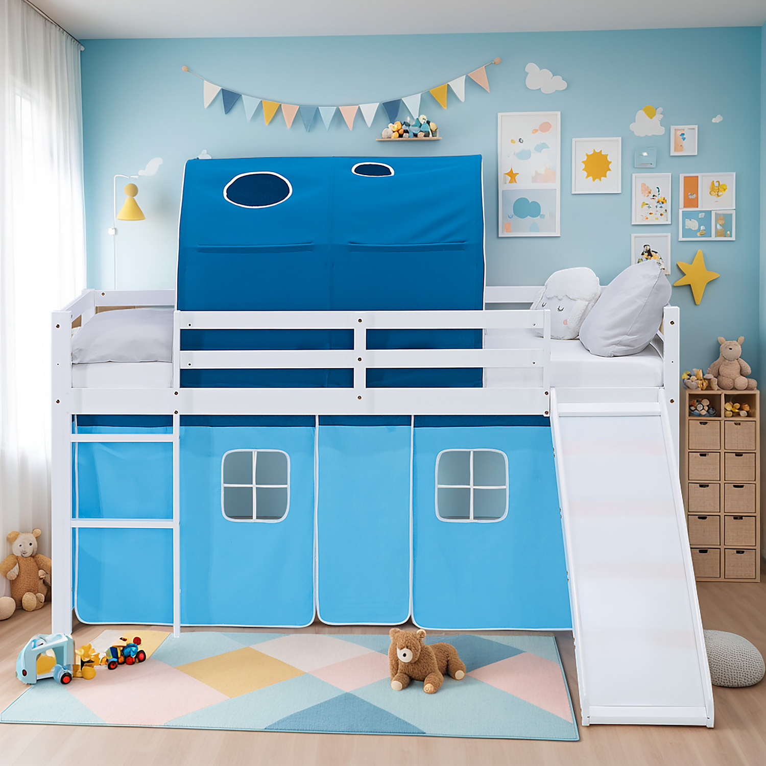 Loft Bed for Kids 90x200 cm White with Curtain & Tunnel in Blue | Slide | with Slatted Frame and Mattress