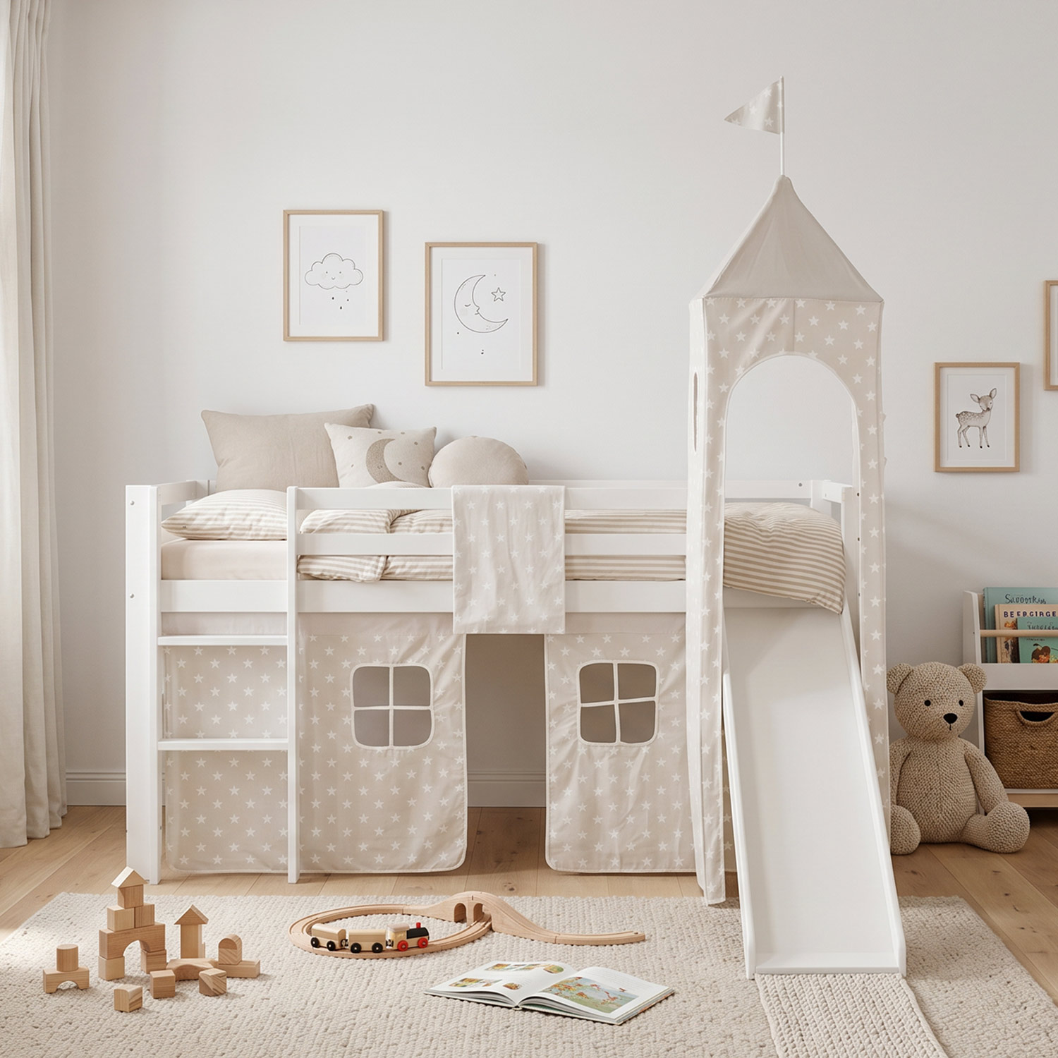 Children's Loft Bed 90x200 cm White with Star Curtain | Tower | Slide | Includes Slatted Base | Includes Mattress