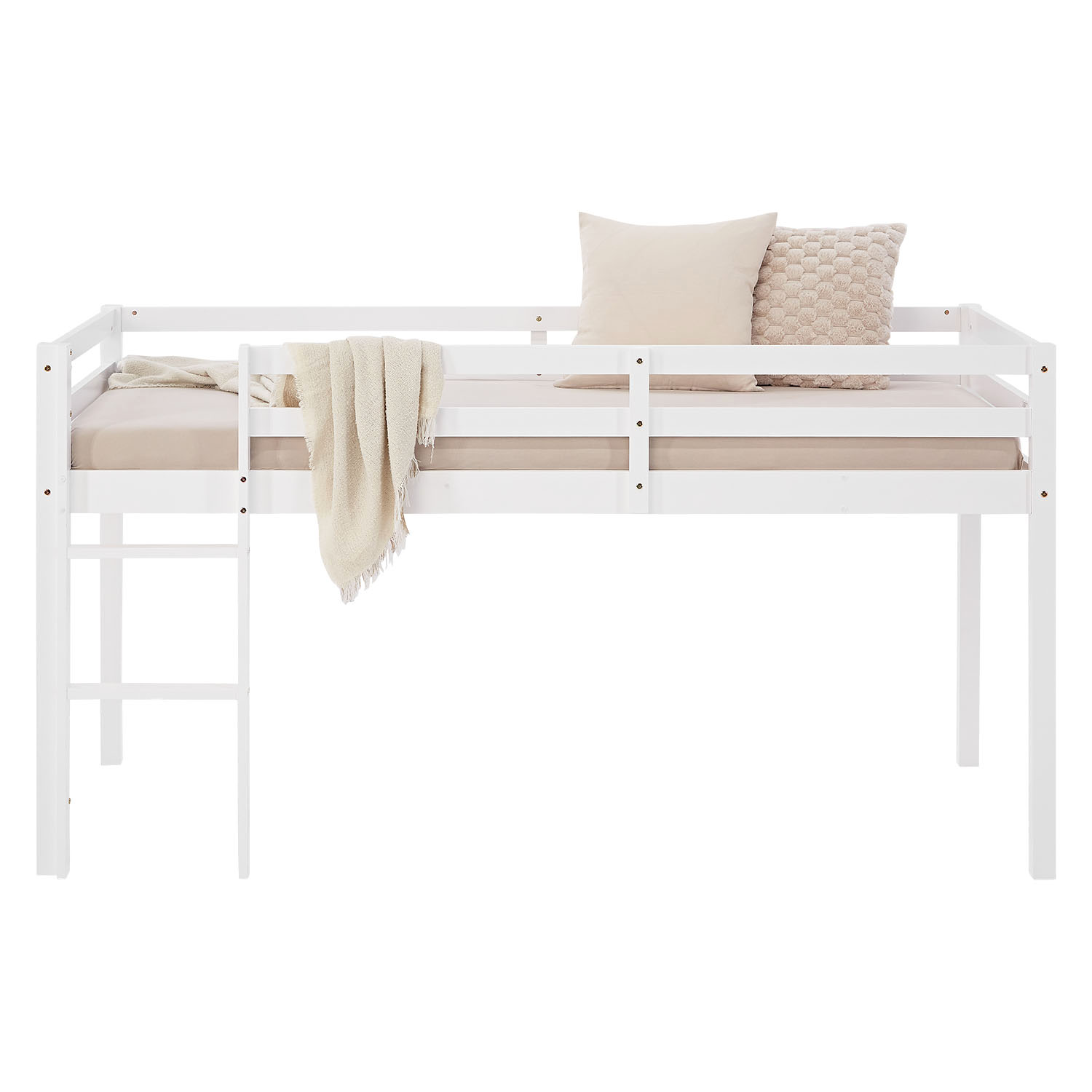 Kinderhochbett in Weiß mit Lattenrost und Matratze. Die zweite Produktansicht auf weißem Hintergrund zeigt das Bett mit Matratze und Kissen aus einem anderen Blickwinkel. Die Gestaltung der Liegefläche und der Rahmen sind sichtbar.