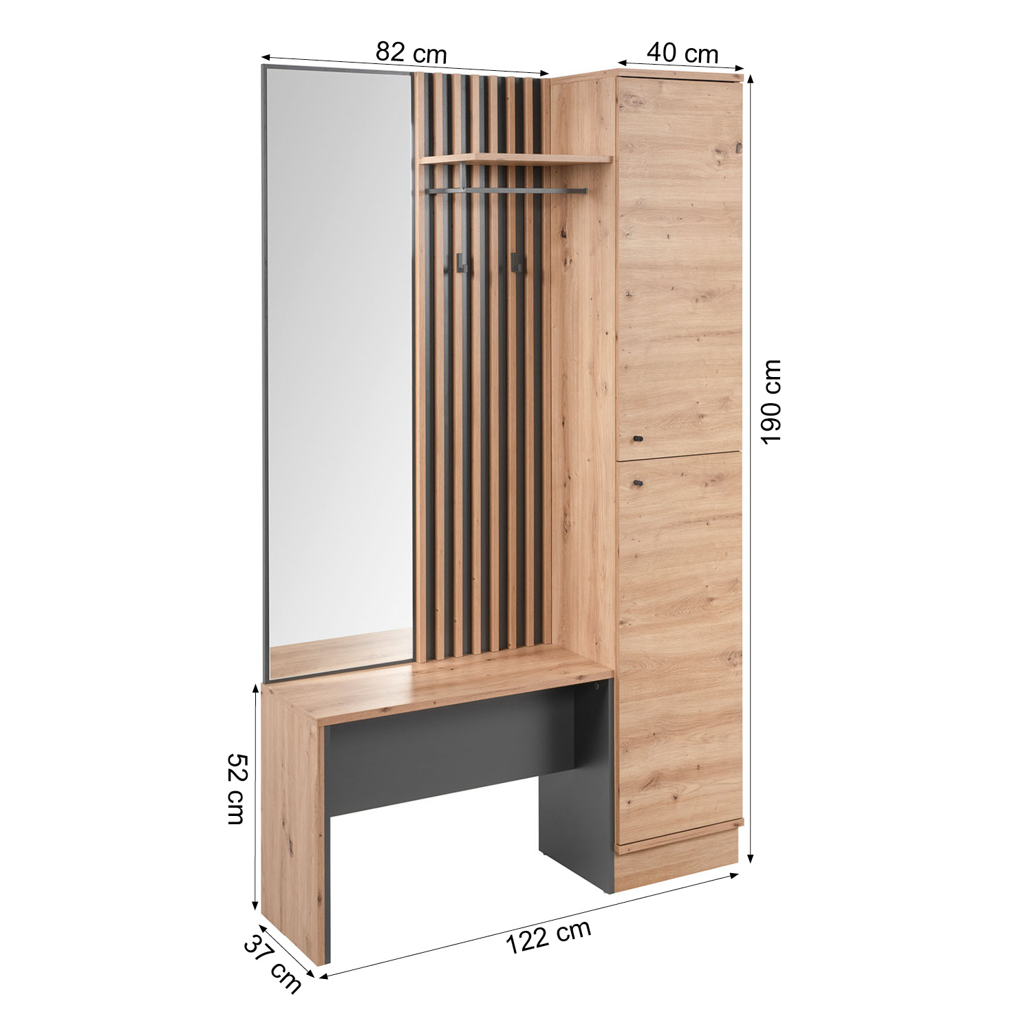 Industrial Look Wardrobe with Bench Hallway Furniture Mirror Hall Unit Hallway Wardrobe Oak Wood 3D Wall Panel Entryway Coat Rack