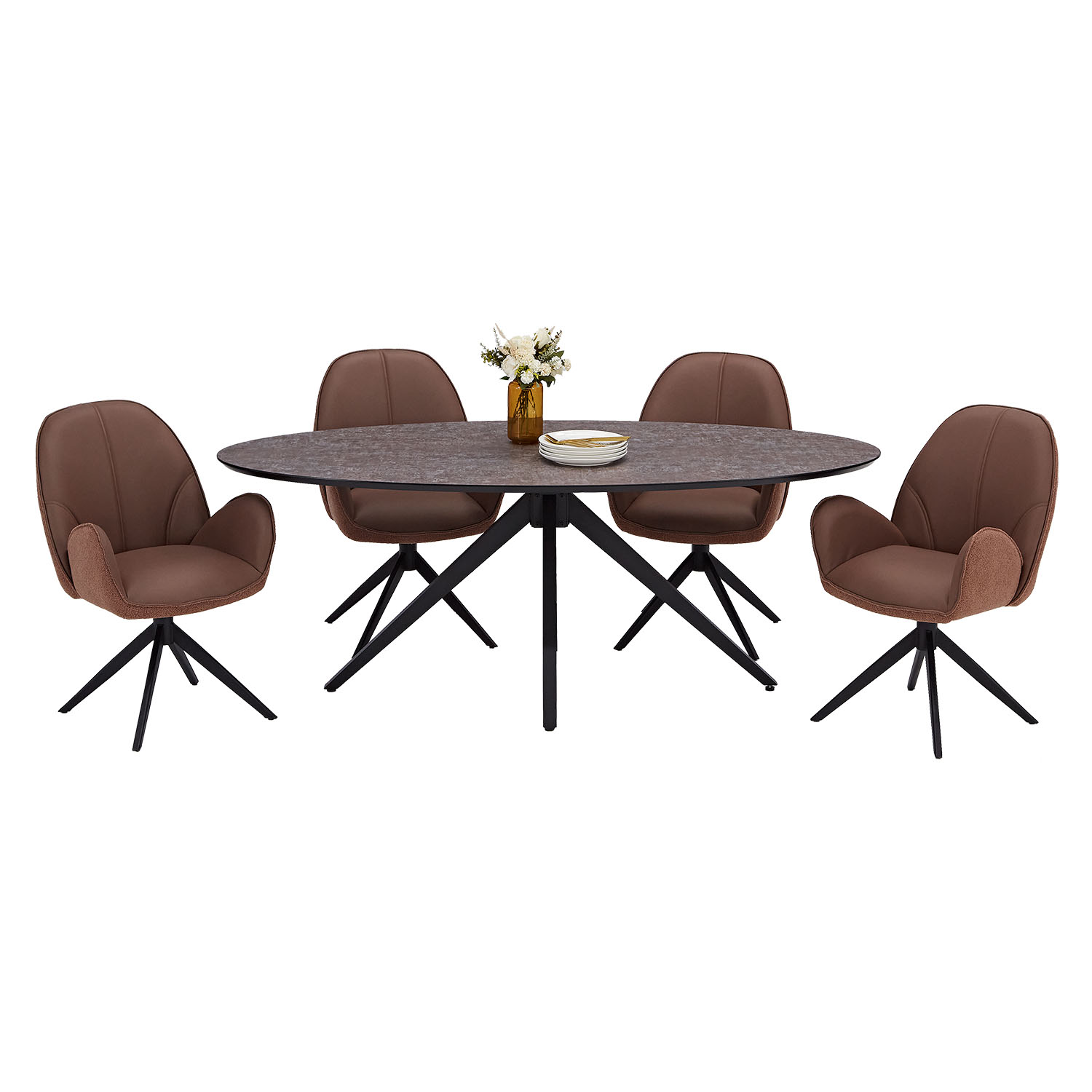 Dining set | 4-piece set upholstered chairs brown bouclé Leder with armrest | swivel | dining table brown metal frame oval 200 cm