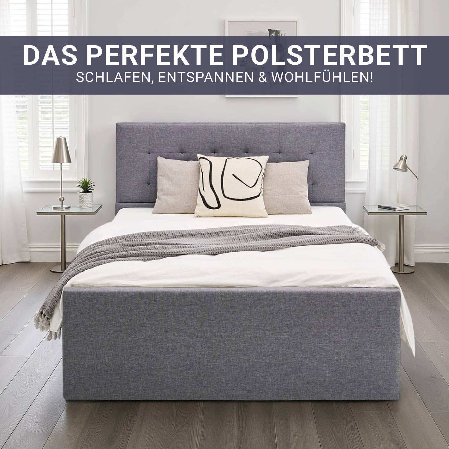 Upholstered Bed 140x200 cm Gray with Slatted Base & 4 Storage Drawers – Modern Fabric Bed with Extra Storage Space