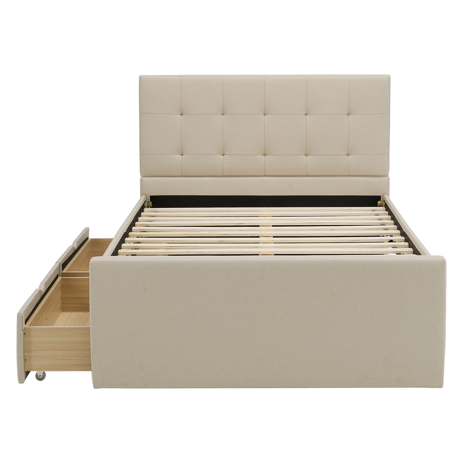 Upholstered bed 120x200 cm beige | with slatted frame | with 2 bed drawers | double fabric bed frame