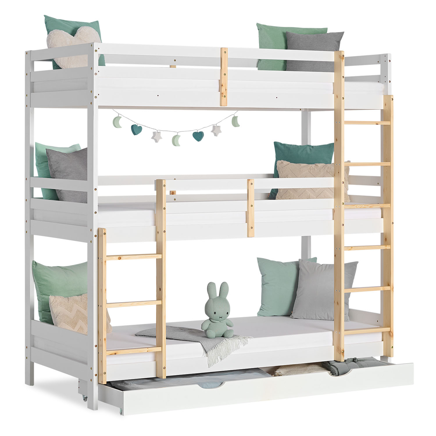 Bunk Bed 3 Levels 90x200 cm White | Ladders Natural | with Bed Drawer | with Slatted Frame
