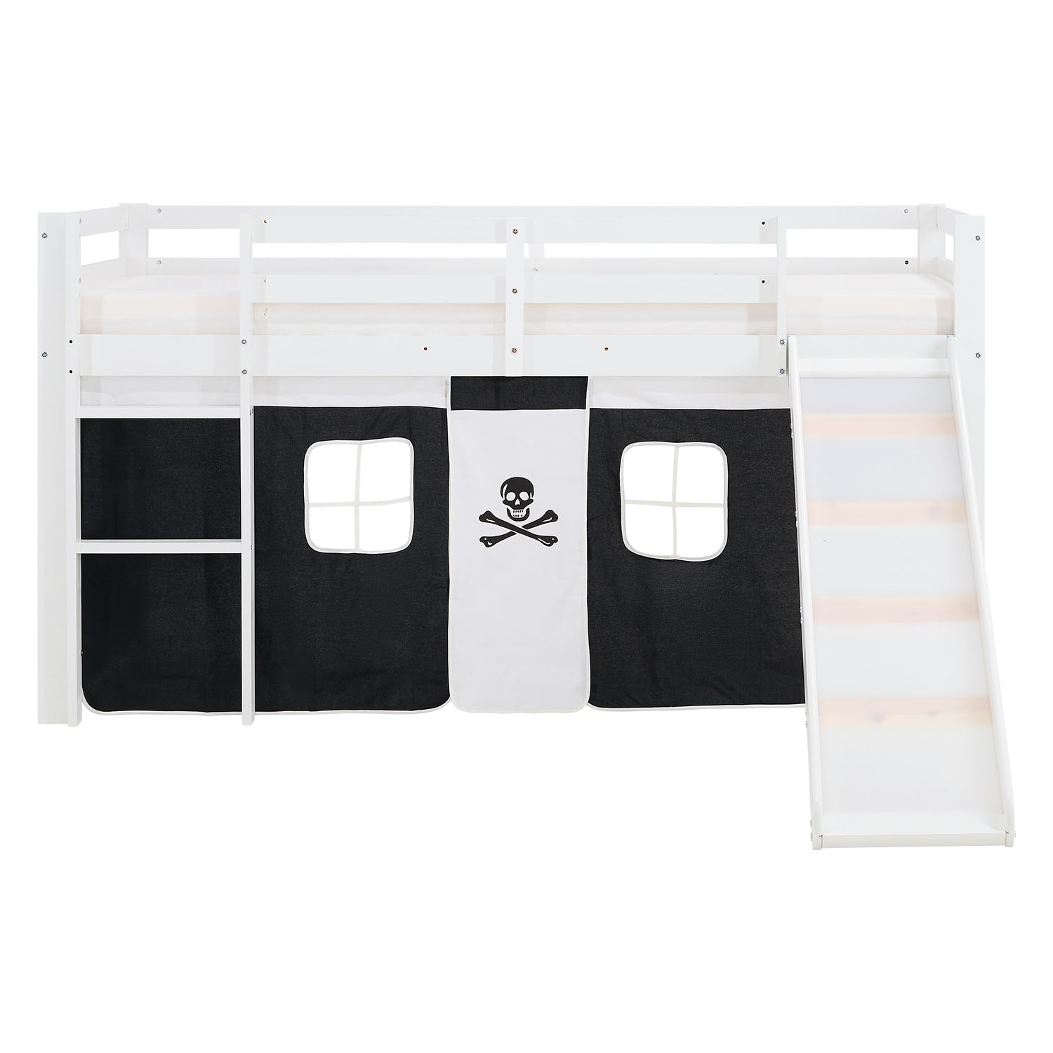 Children's Loft Bed 90x200 cm White with Black Curtain | Slide | Without Slatted Base | Pirate | Boys