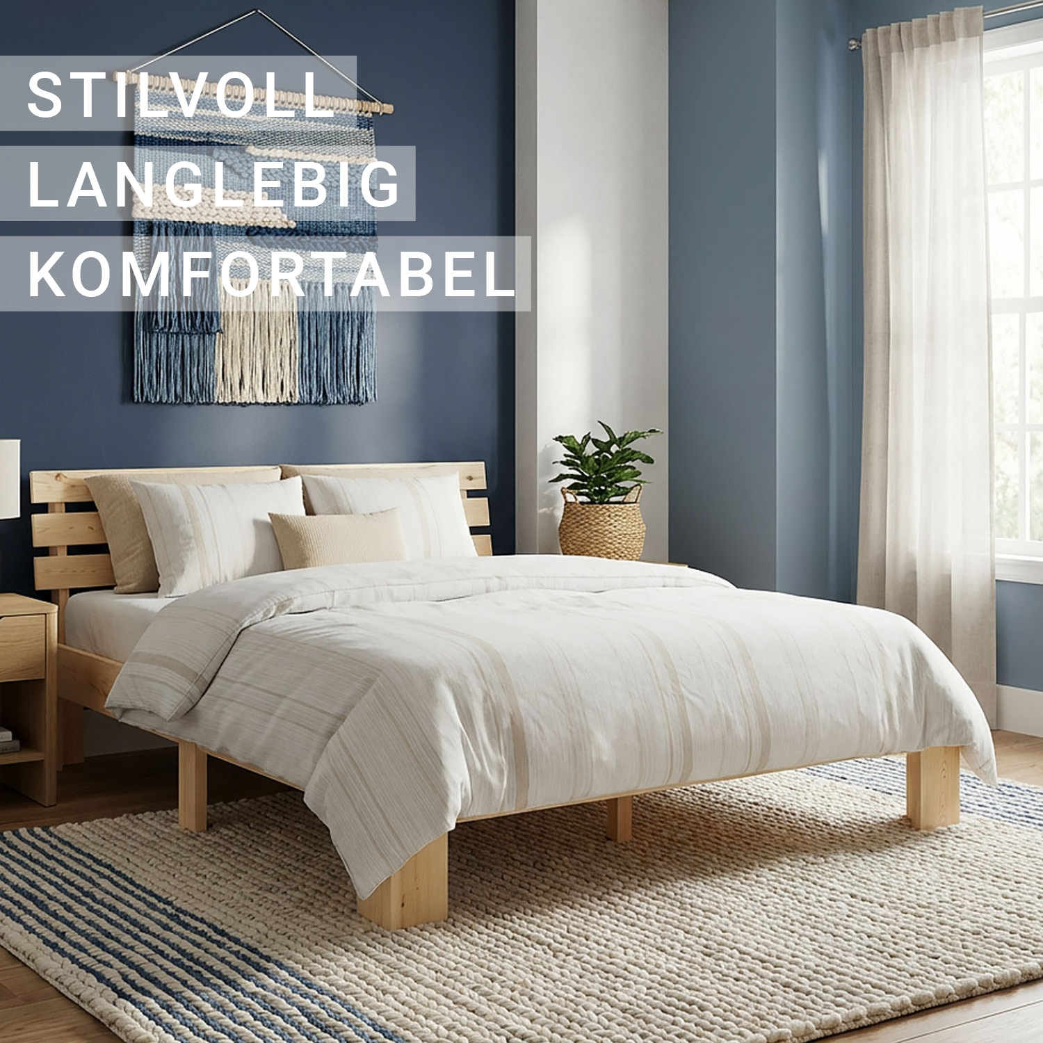 Wooden Bed 160x200 cm Natural – Solid Pine Double Bed with Slatted Base in a Modern Design