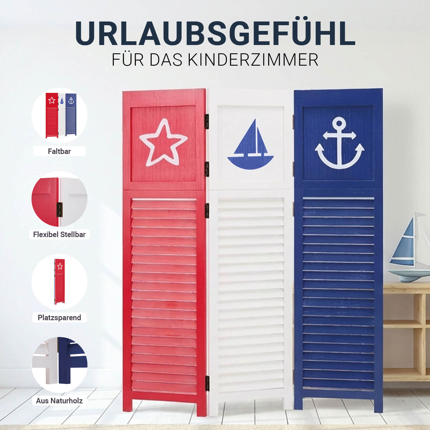 Paravent Red White Black Maritime Motifs | 3-panel | Wood | Room Divider Partition Privacy Screen