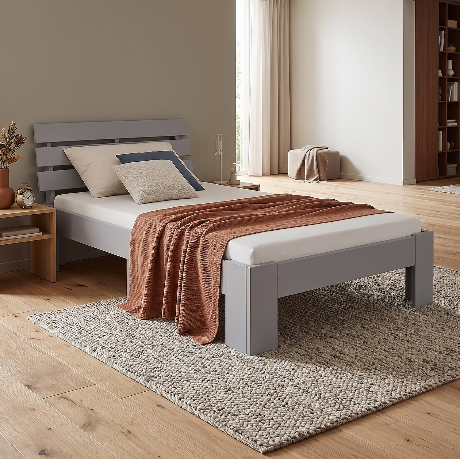 Wooden Bed 90x200 cm Gray | Single Bed | With Slatted Base | Solid Wood | Children's, Teen, or Guest Bedroom